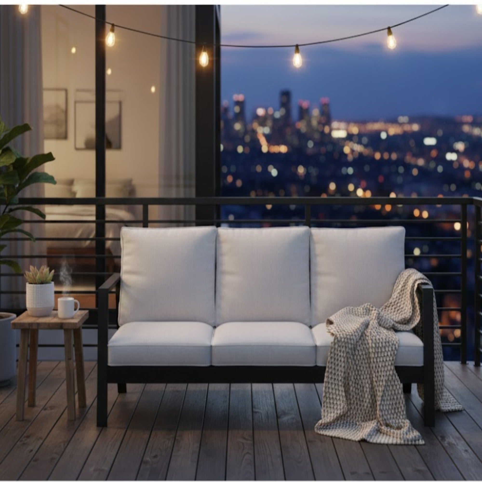 Outdoor Sofa Aluminum Black Light Gray Cushions 3 Seat 75in