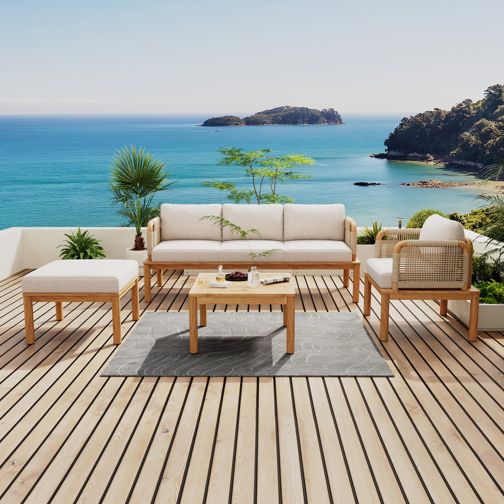 Outdoor Sofa Set Acacia Wood Rope 4 Piece Teak Beige