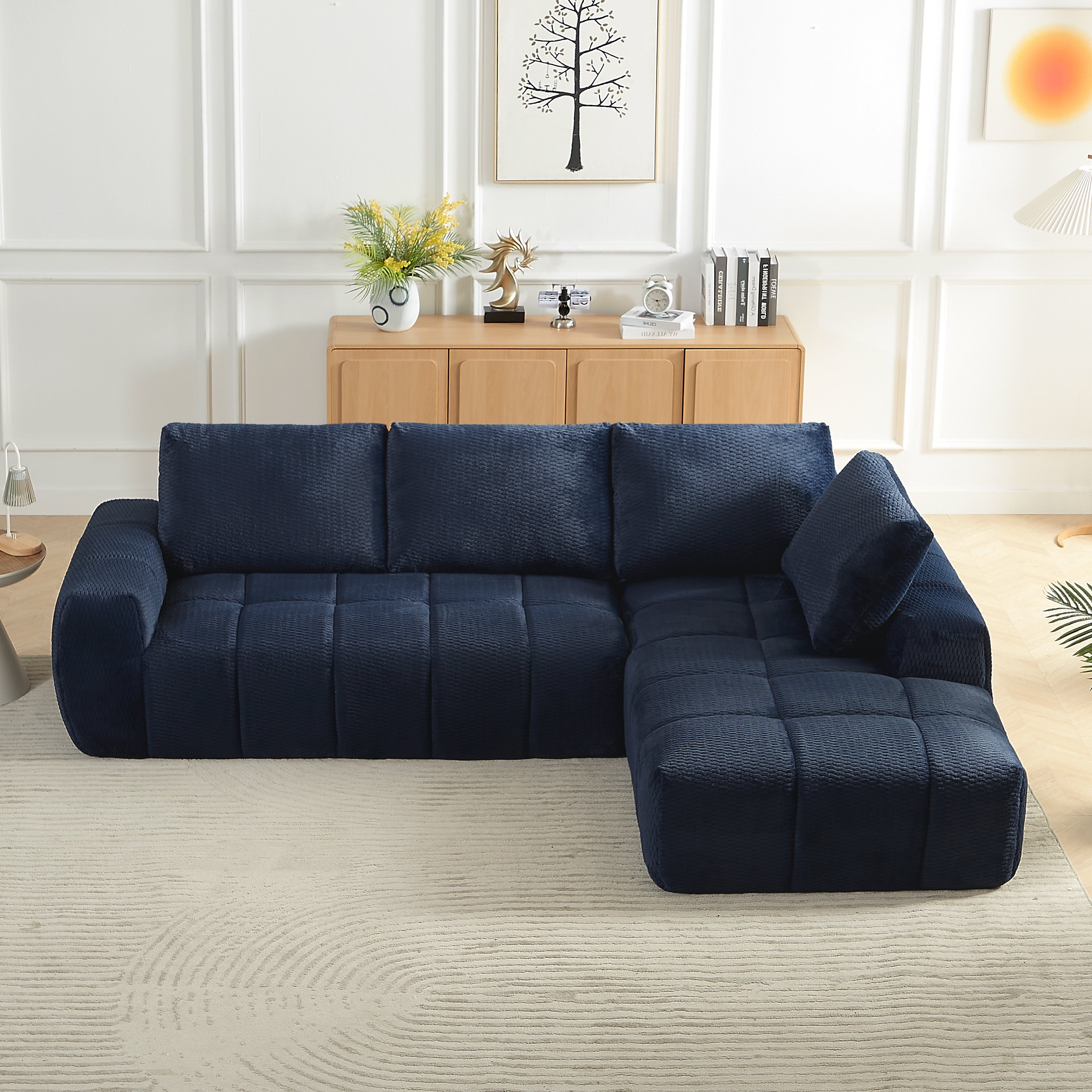 Sectional Sofa L-Shape Faux Fur Dark Blue 4 Seat Sleeper No Assembly