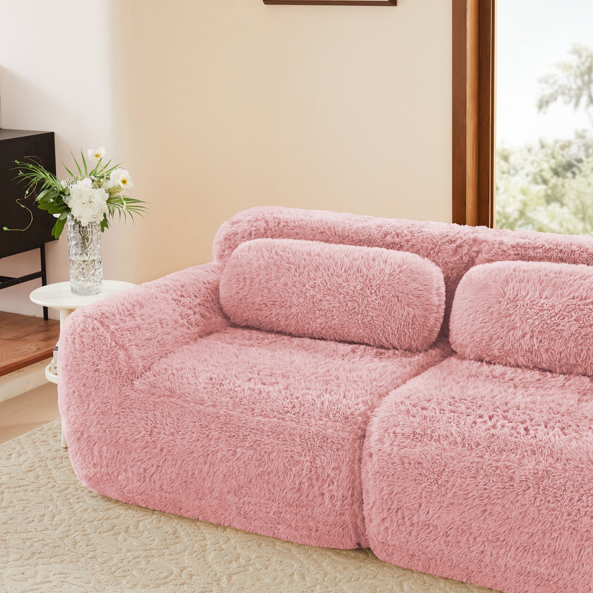 Sectional Sofa Modular Plush Pink 3 Seat Non-Slip 114 In