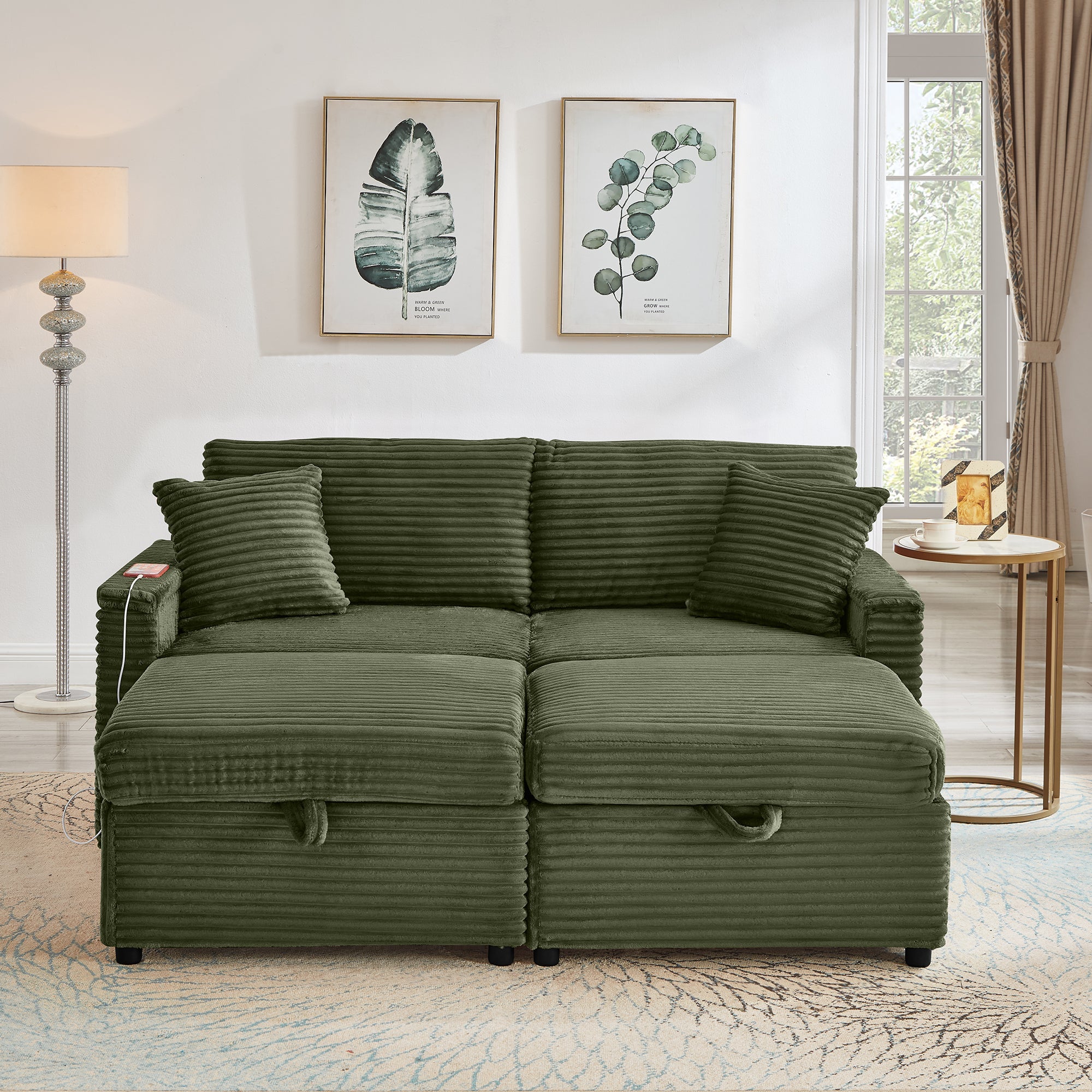 Sectional Sofa L-Shape Corduroy Green Storage Chaise 2 Ottomans USB 69 In