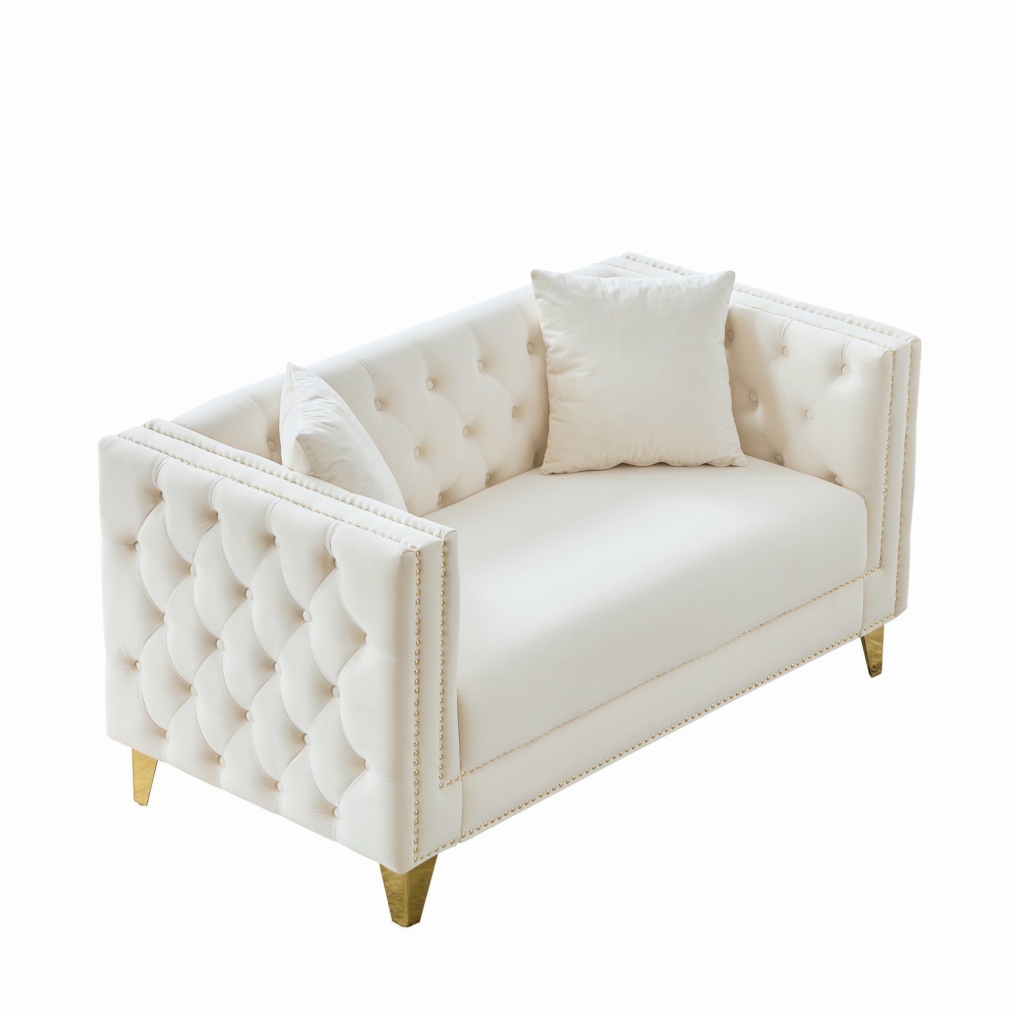 Loveseat Chesterfield Velvet Beige Button Tufted Nailhead Pine Frame 58.6 In