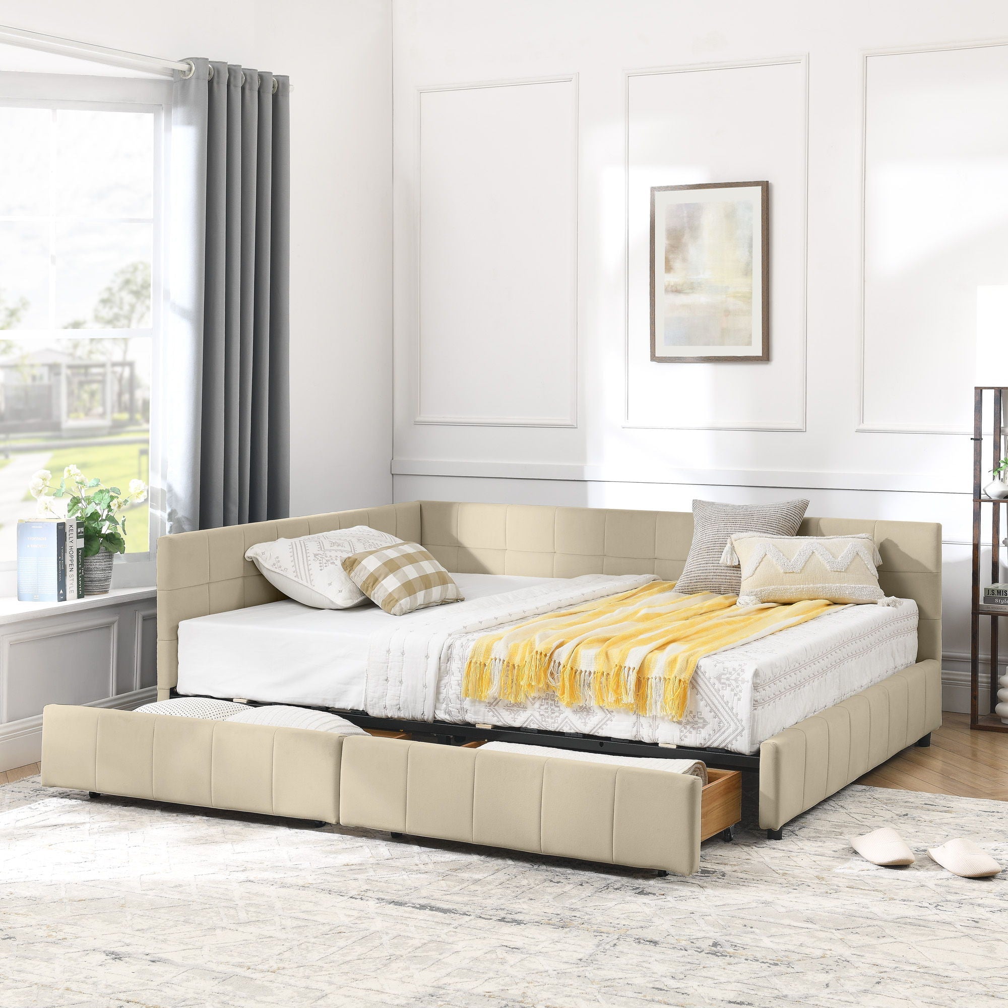 Mid-Century Storage Upholstered Tufted Bed Frame With Backrest And Armrests