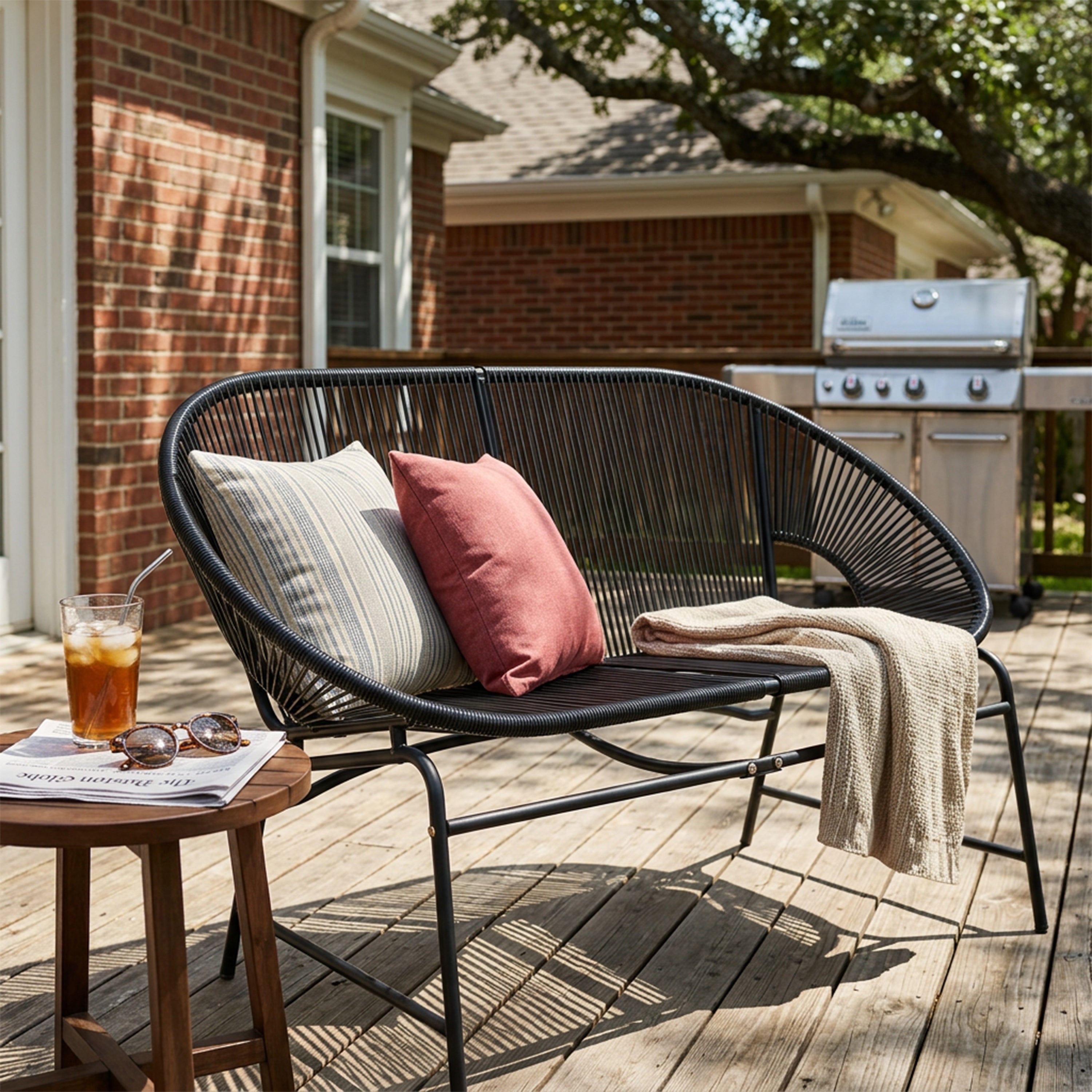 Outdoor Loveseat PE Rattan Iron Black UV Resistant No Cushion 52in