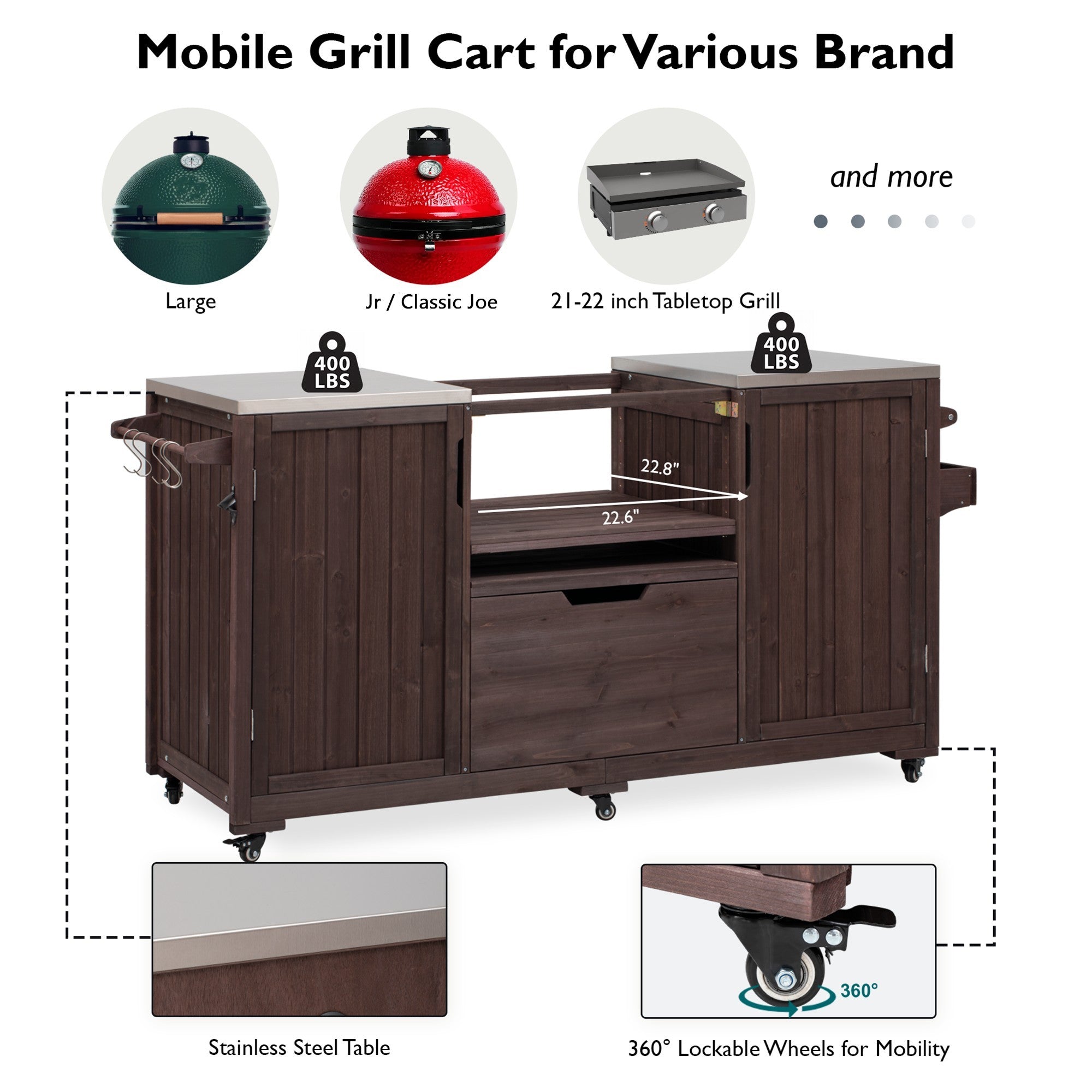 Outdoor Kitchen Island Grill Cart Fir Wood Stainless Steel 66.5