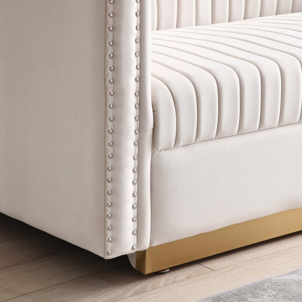Beige Velvet Channel Tufted Loveseat 61" Gold Base 2-Seat