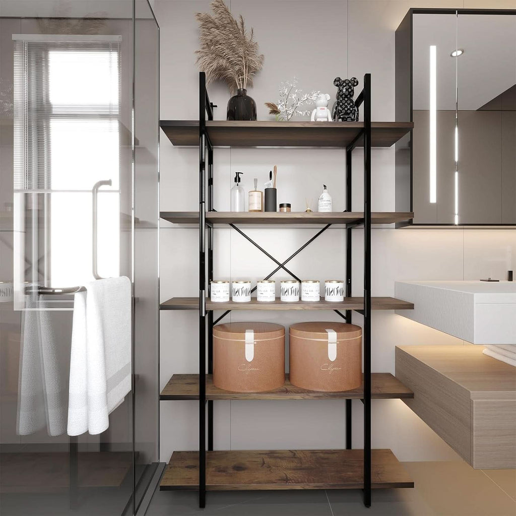 Five Tier Bookshelf Organizer Rustic Brown Metal Shelving