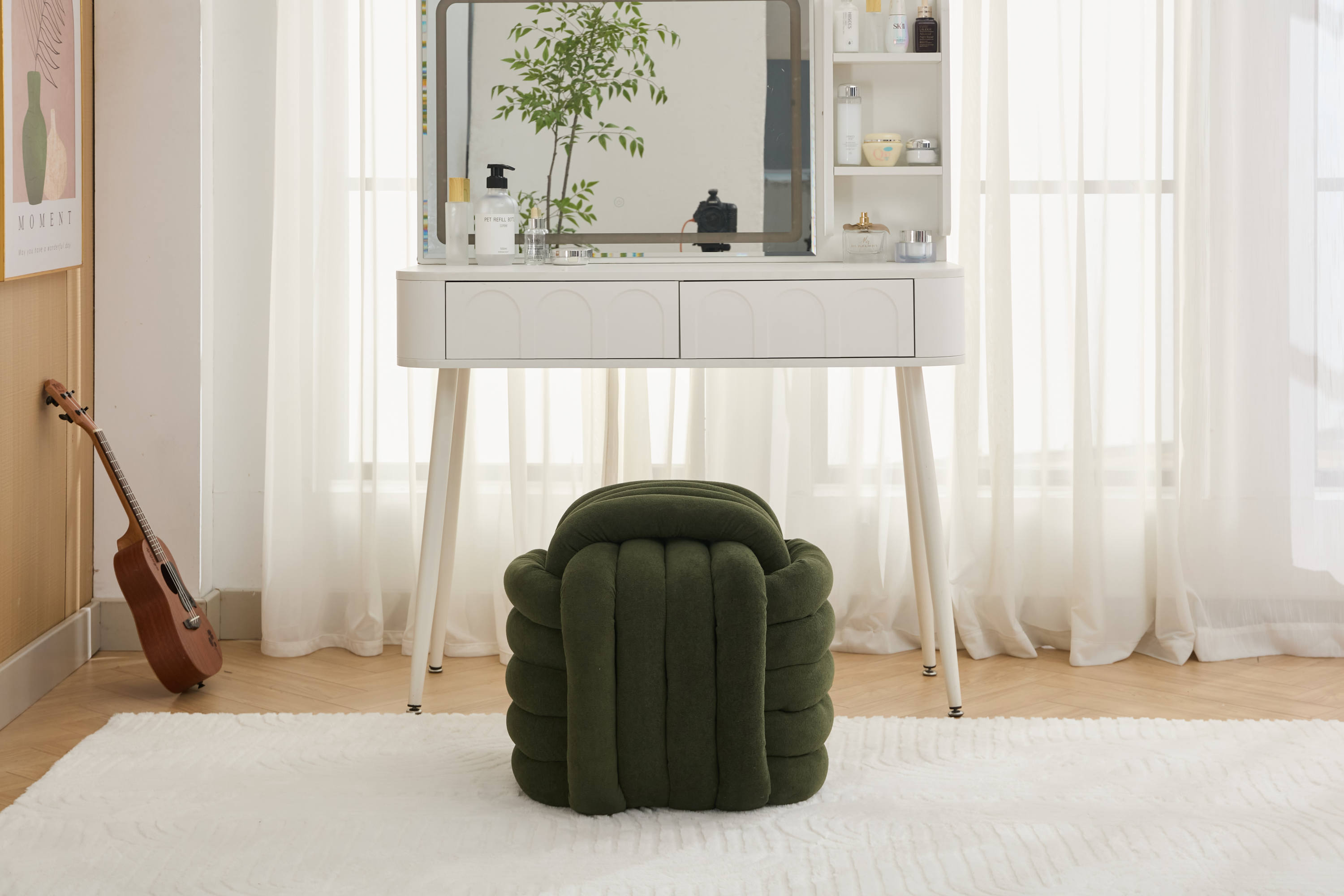 Chenille Knot Design Ottoman Makeup Stool Footstool, Green