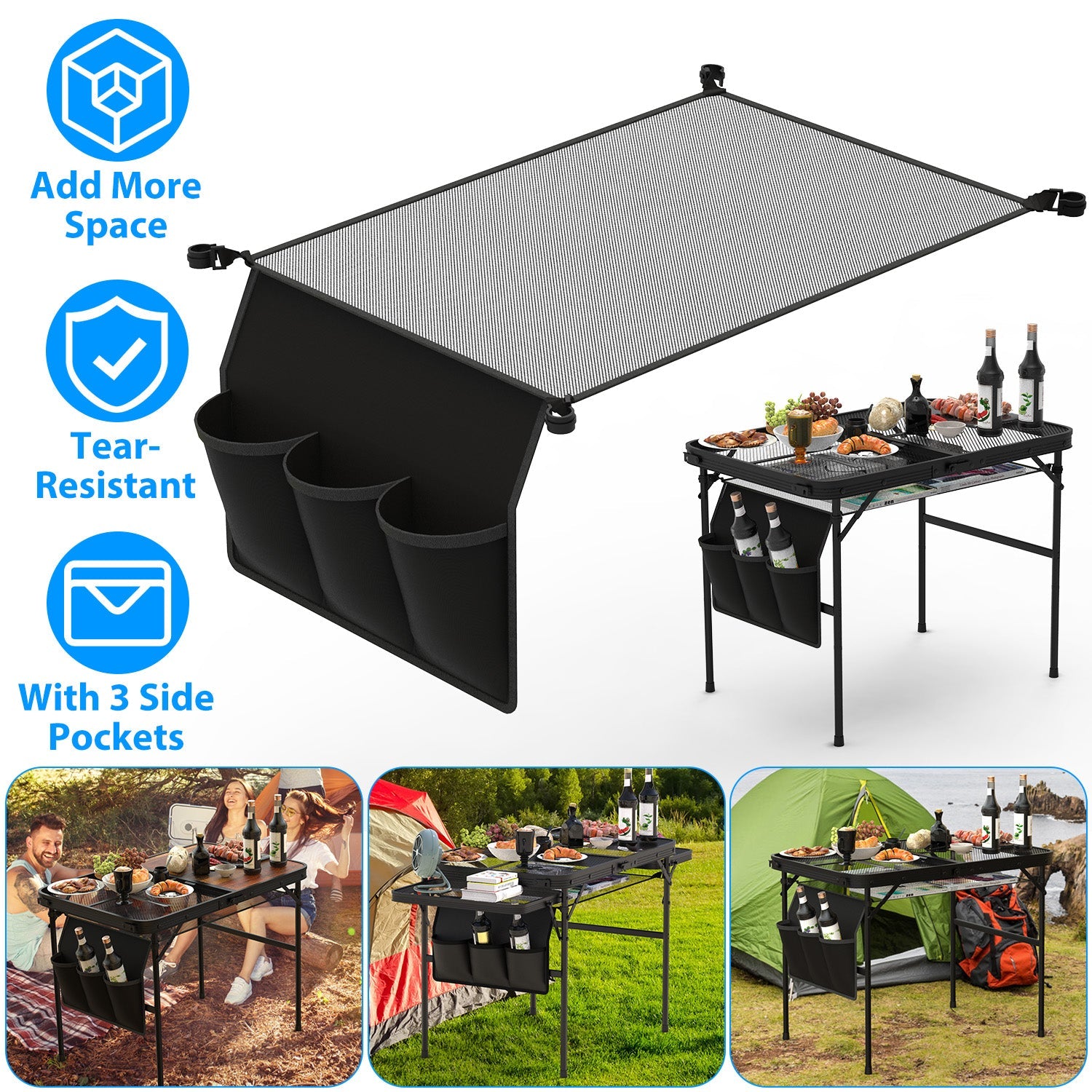 Hanging Storage Net for 35.43x23.62 Camping Table Under Table Folding Net Bag Tear-Resistant with 3 Side Pockets 4 Corner Clips for Camping Hiking Fis