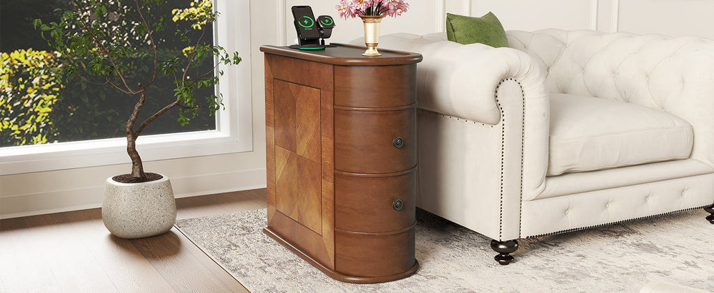 End Table Charging Station 2 AC 2 USB Ports 2 Drawers Arc Design Walnut 23.6 In