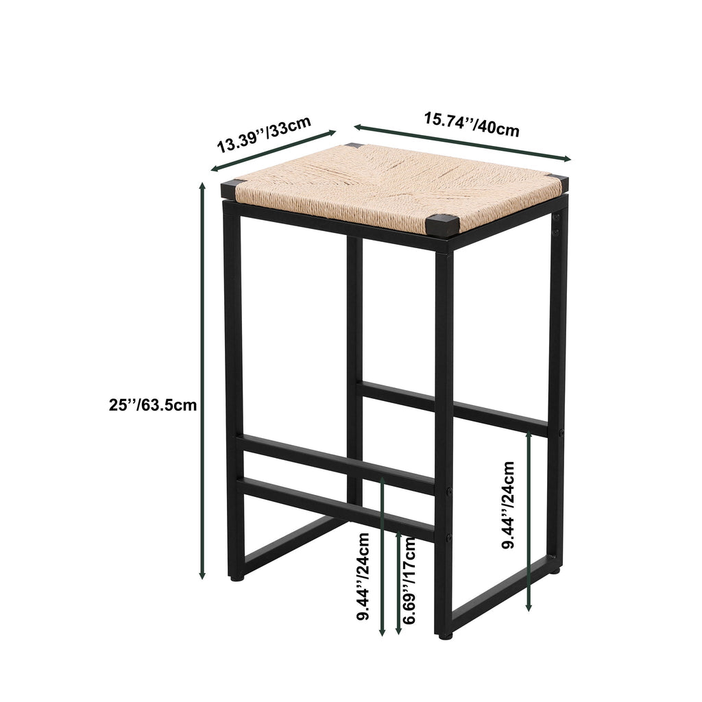 Boho Style Backless Bar Stools (Set of 2) With Paper Rope Woven Seat & Metal Frame For Kitchen Counter