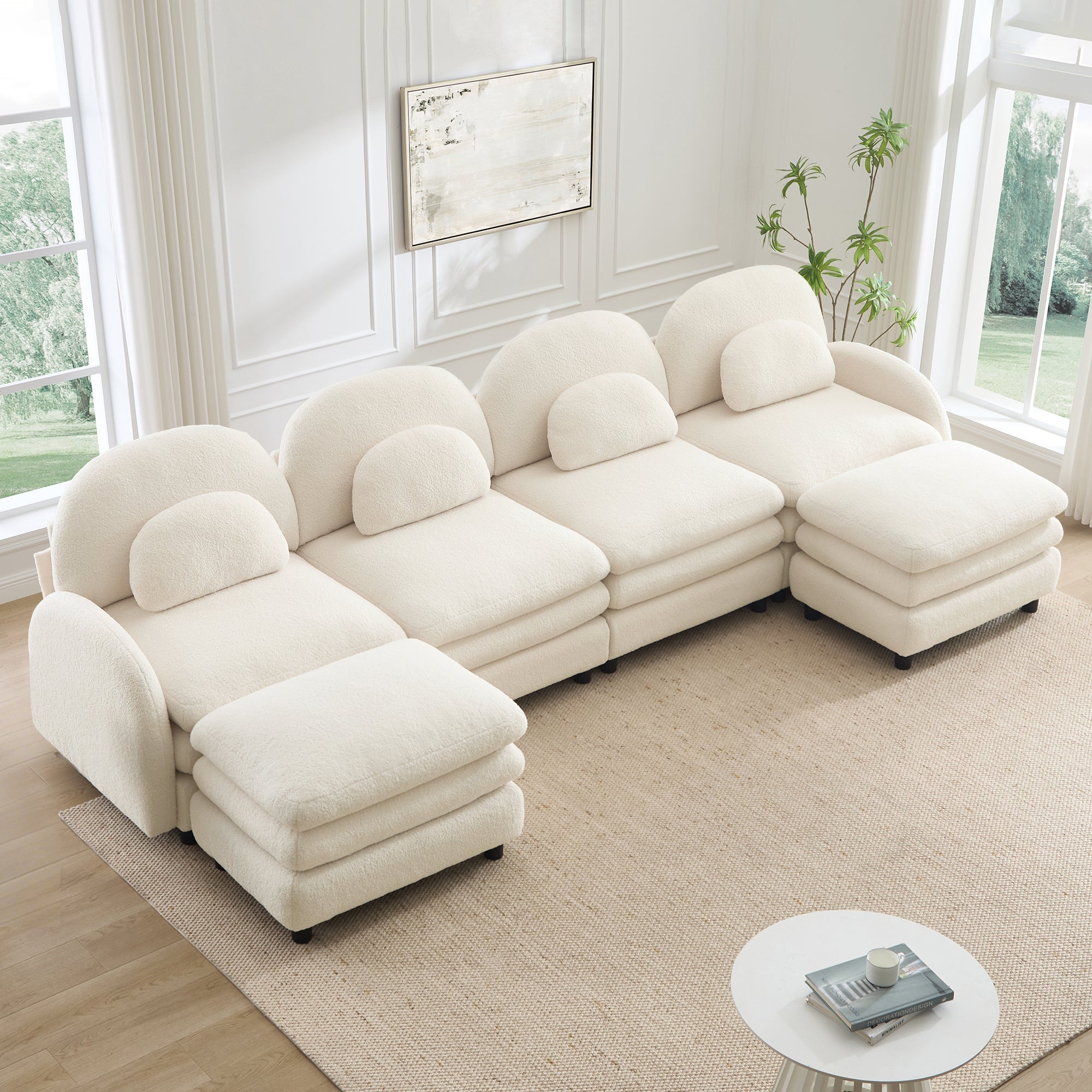 Sectional Sofa Modular Teddy Fleece Beige 4 Seat Curved Back with Ottomans