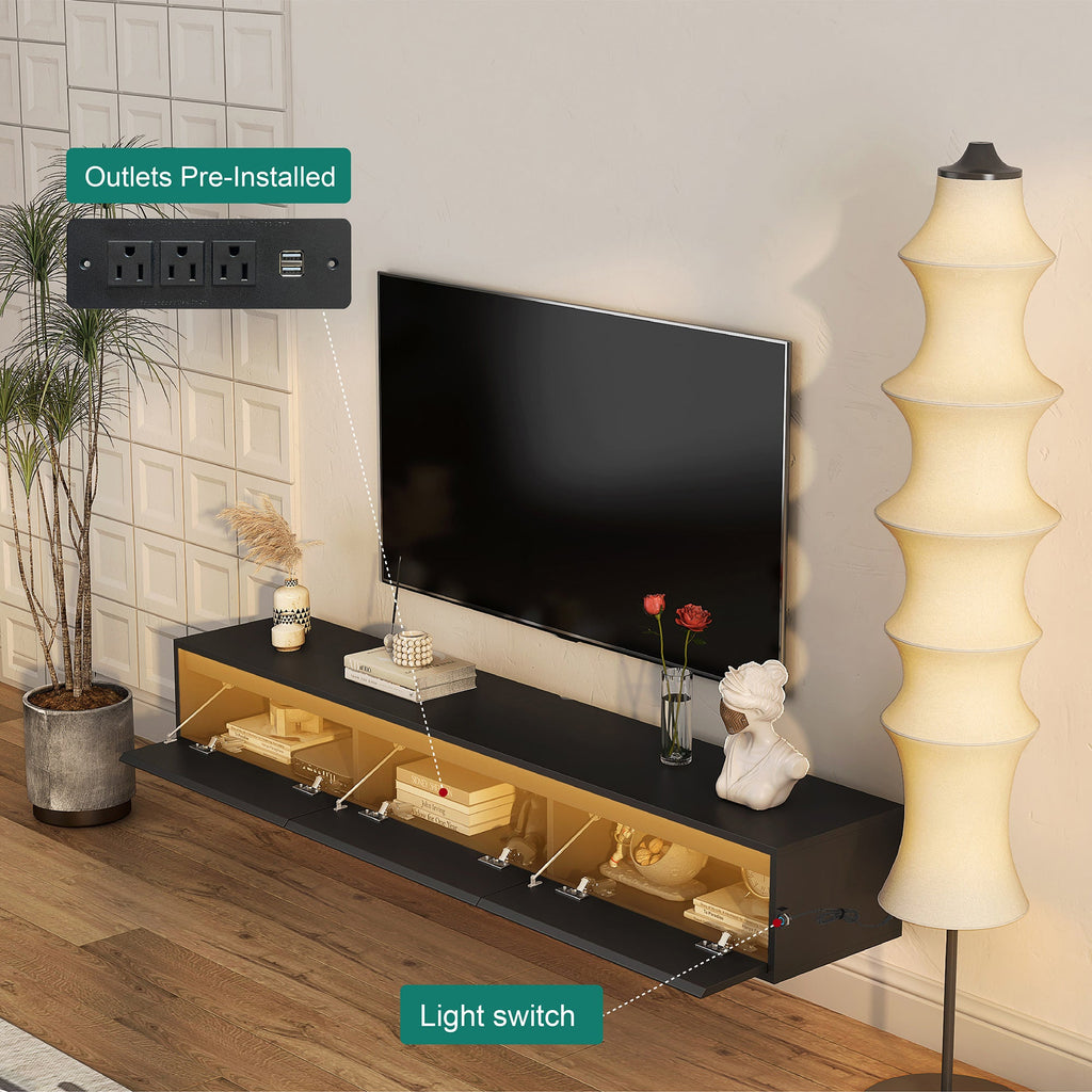 TV Stand Wall-Mounted Floating LED Black MDF 3 AC 2 USB Fits 65 In TV