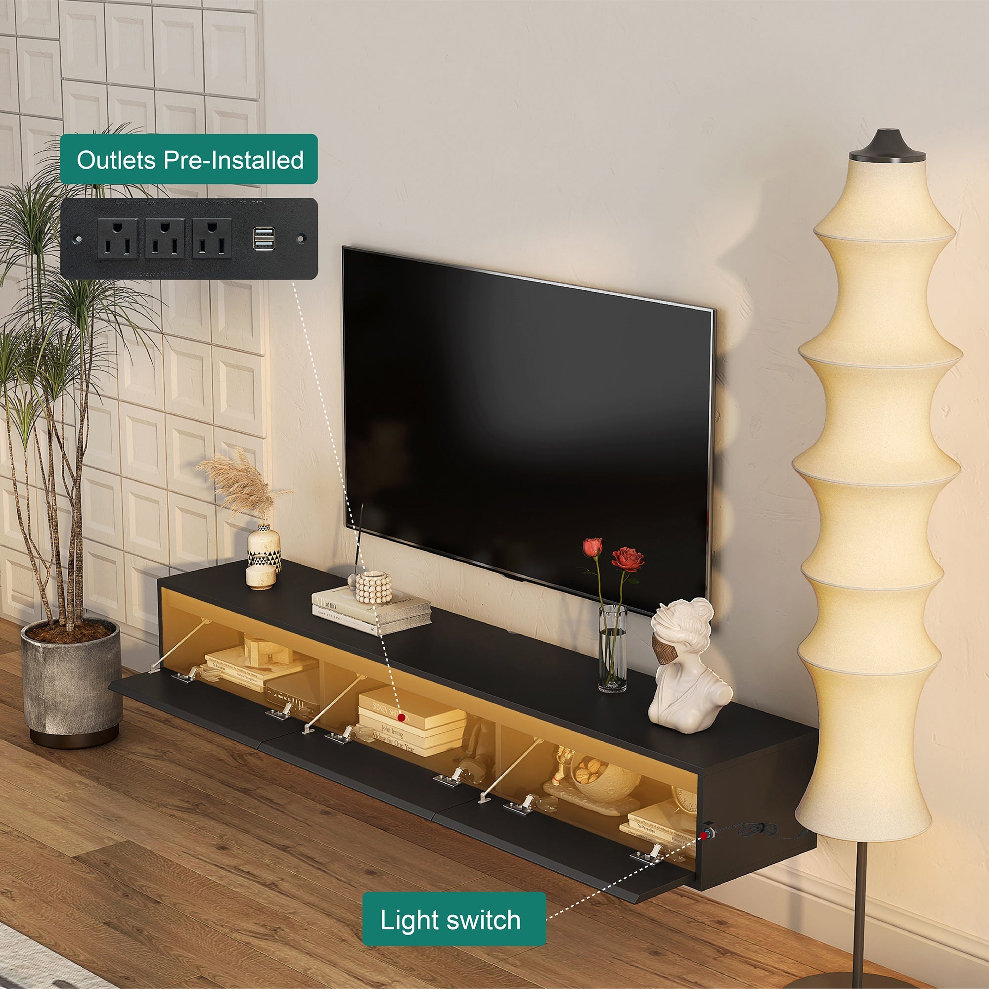 TV Stand Wall-Mounted Floating LED Black MDF 3 AC 2 USB Fits 65 In TV
