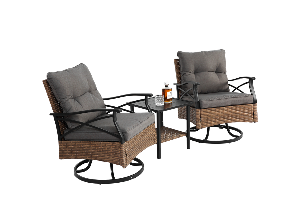 Outdoor Patio Set PE Rattan Steel Brown Swivel Rocker 3 Piece 350 LB