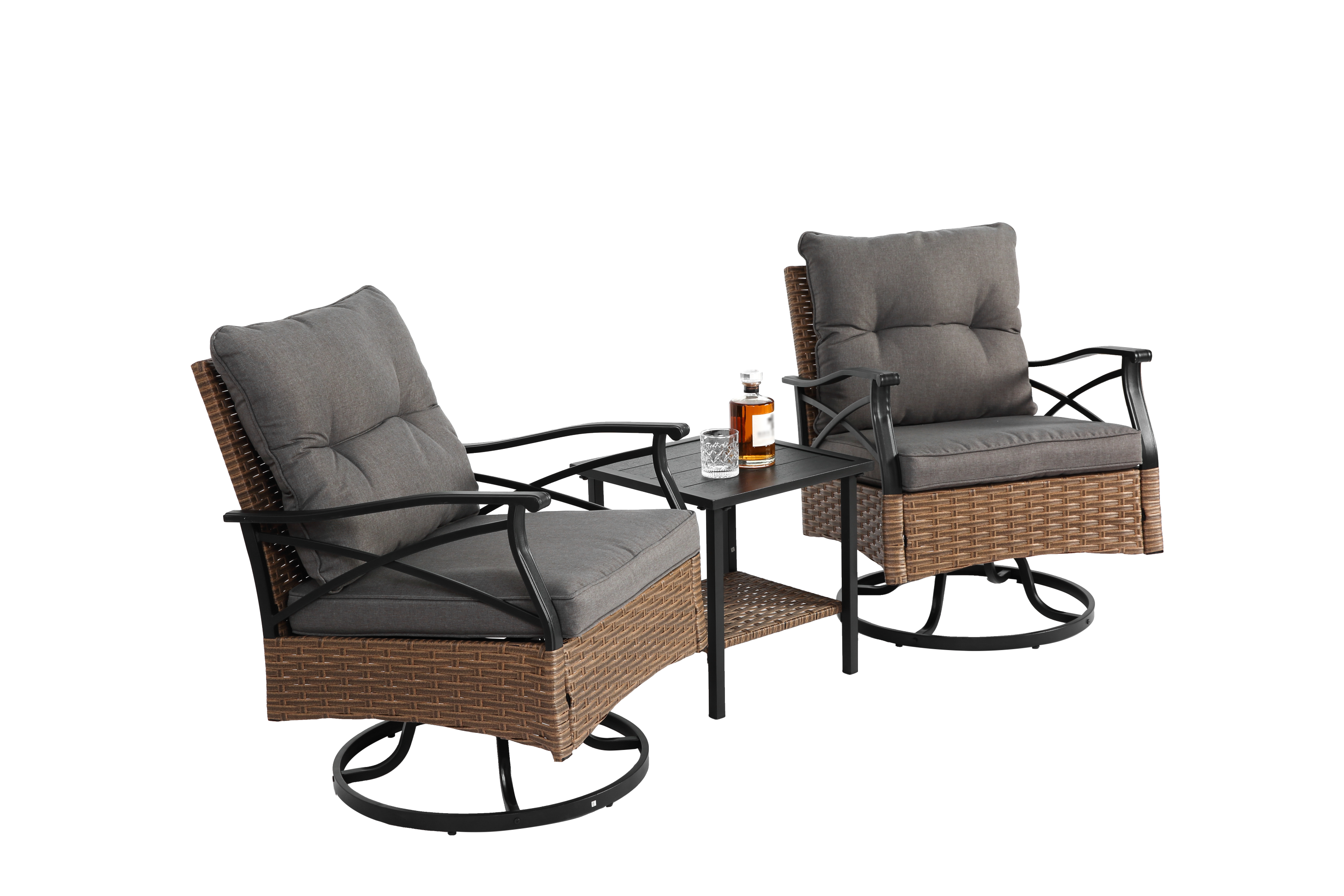 Outdoor Patio Set PE Rattan Steel Brown Swivel Rocker 3 Piece 350 LB