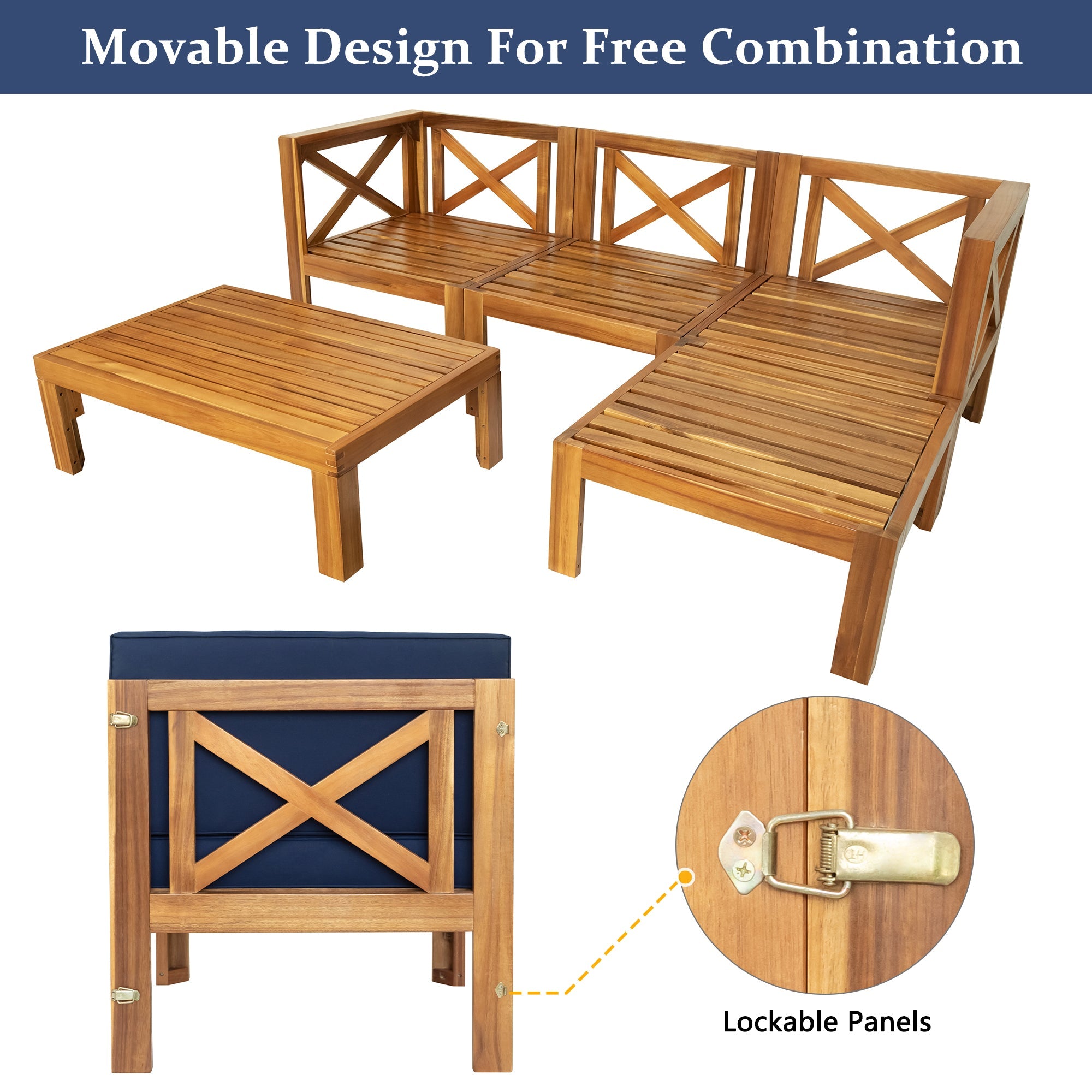 Outdoor Patio Sectional Set Acacia Wood Natural Blue Cushions 5 Piece