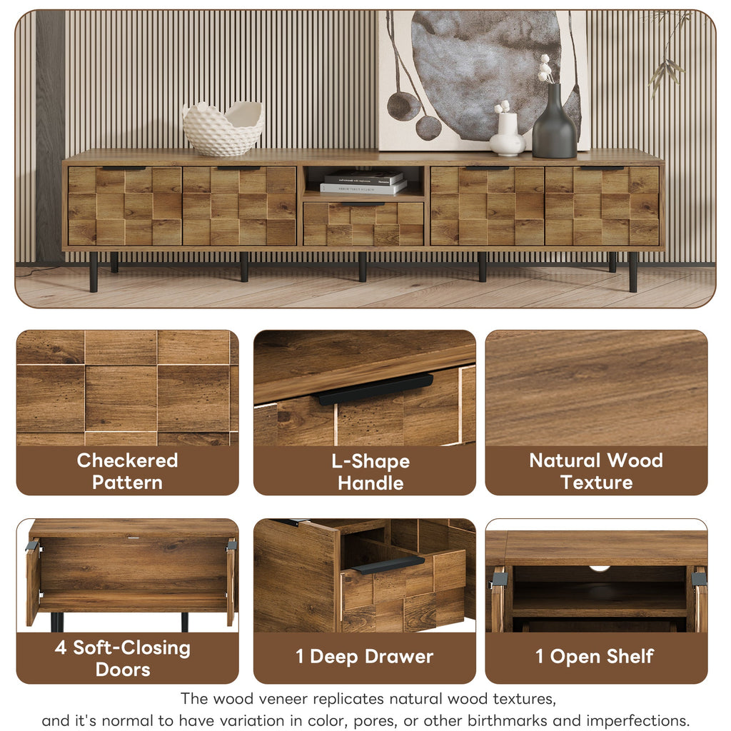 TV Stand Natural Wood Checkered MDF Soft-Close Doors Fits 85 In TV 78.7 In