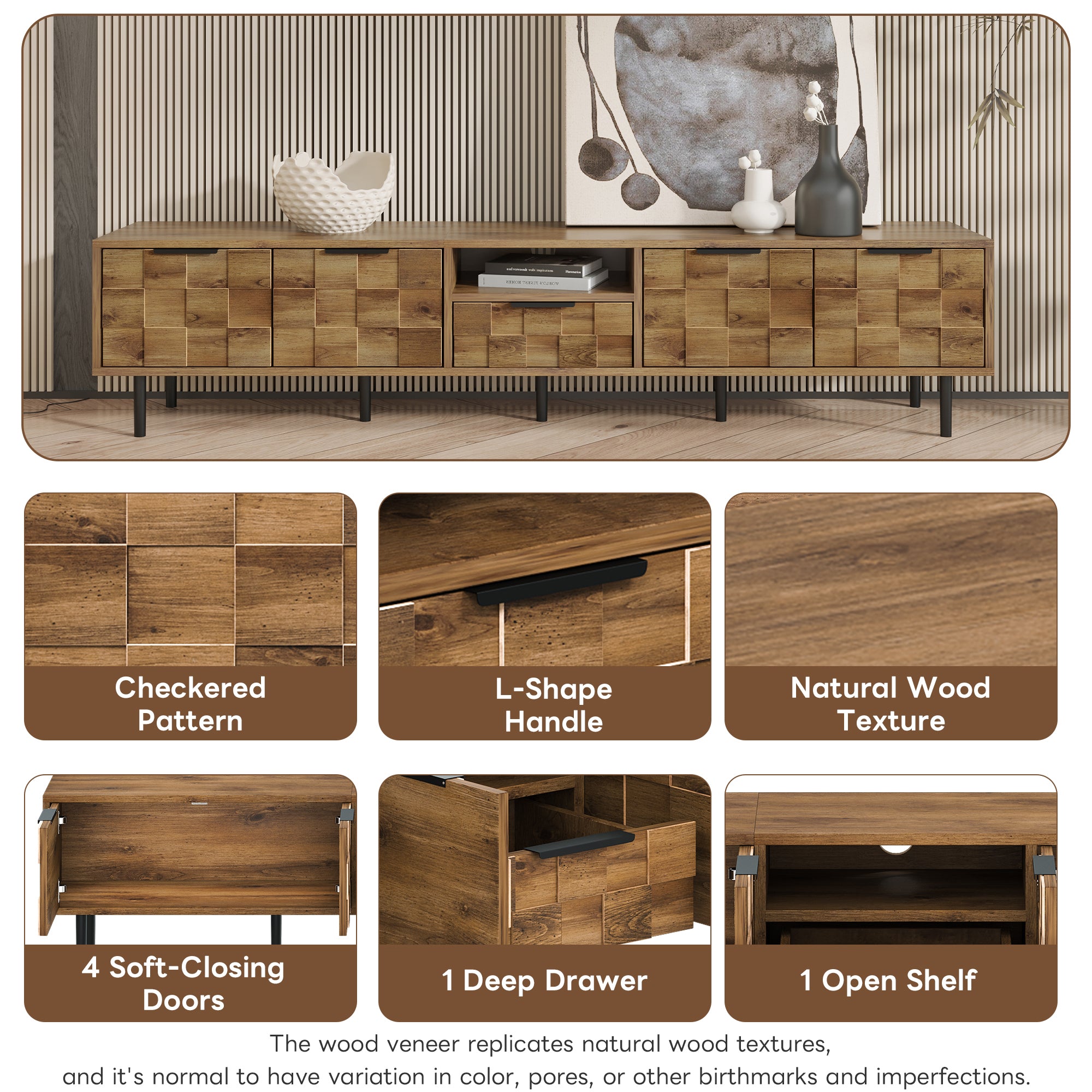TV Stand Natural Wood Checkered MDF Soft-Close Doors Fits 85 In TV 78.7 In