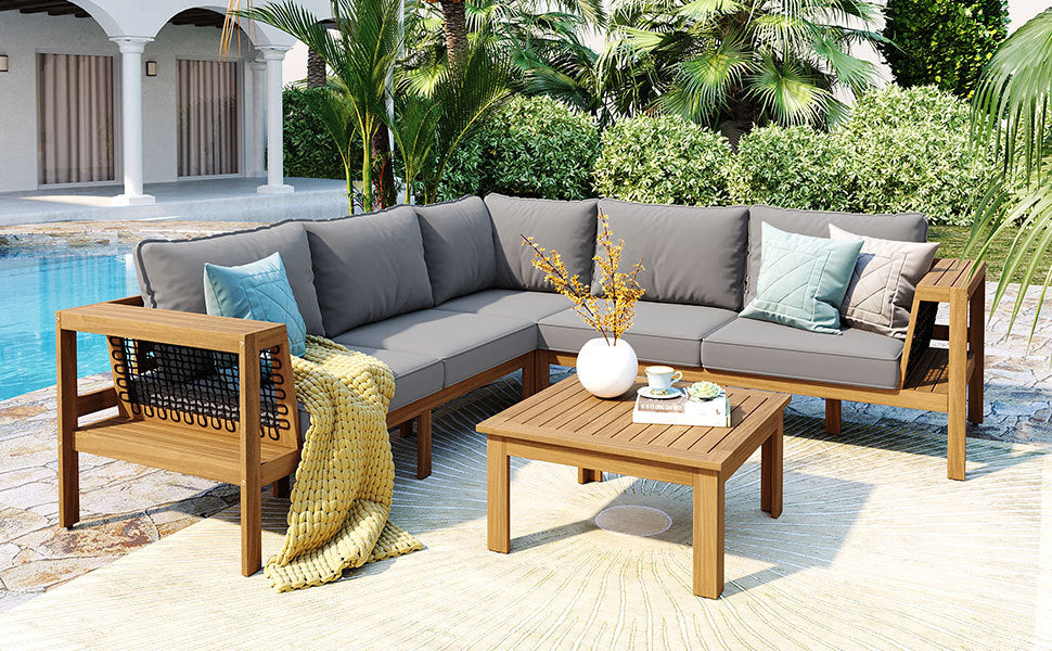 Outdoor Sofa Set Acacia Wood Rope Gray Cushion 4 Piece L-Shape Seats 6