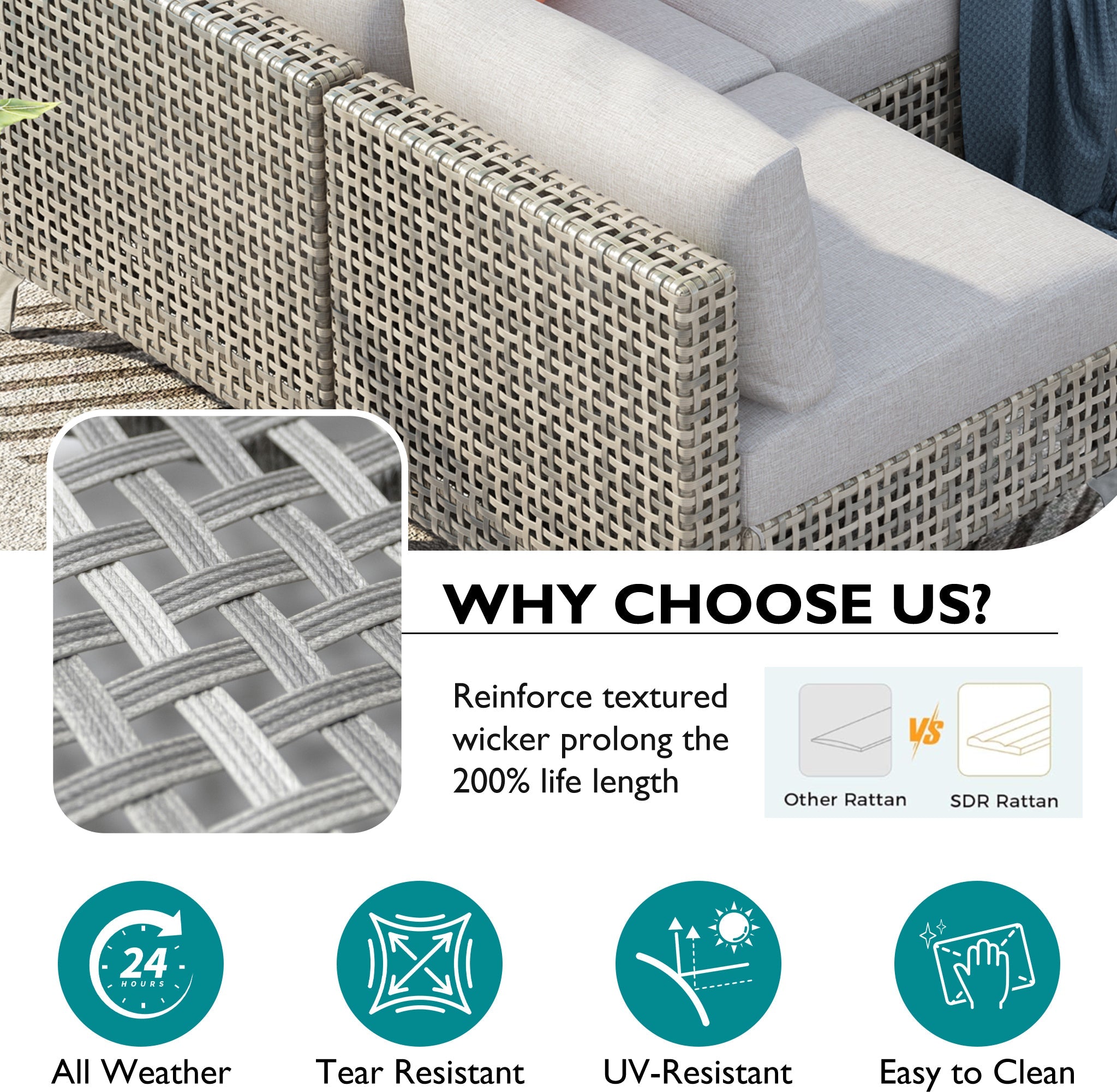 Outdoor Patio Set with Fire Pit Table Rattan Gray 8 Piece 60000 BTU
