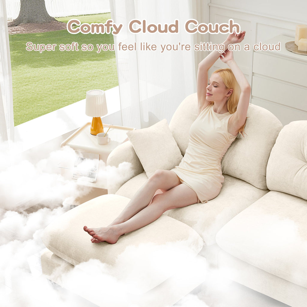 Sectional Sofa L-Shape Modular Chenille Beige 3-Seat with Ottoman
