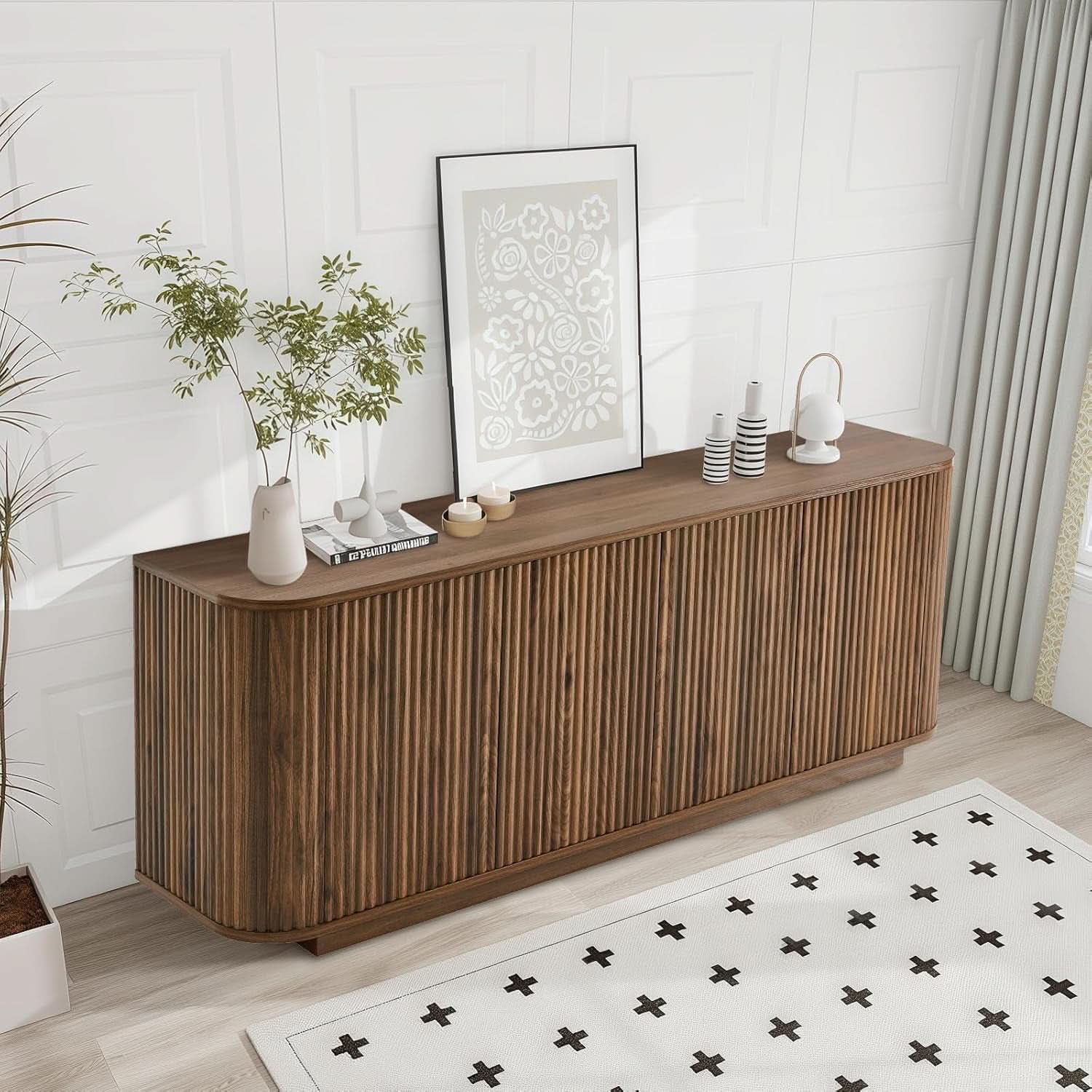 64 Inch Walnut Contemporary Buffet Sideboard Cabinet