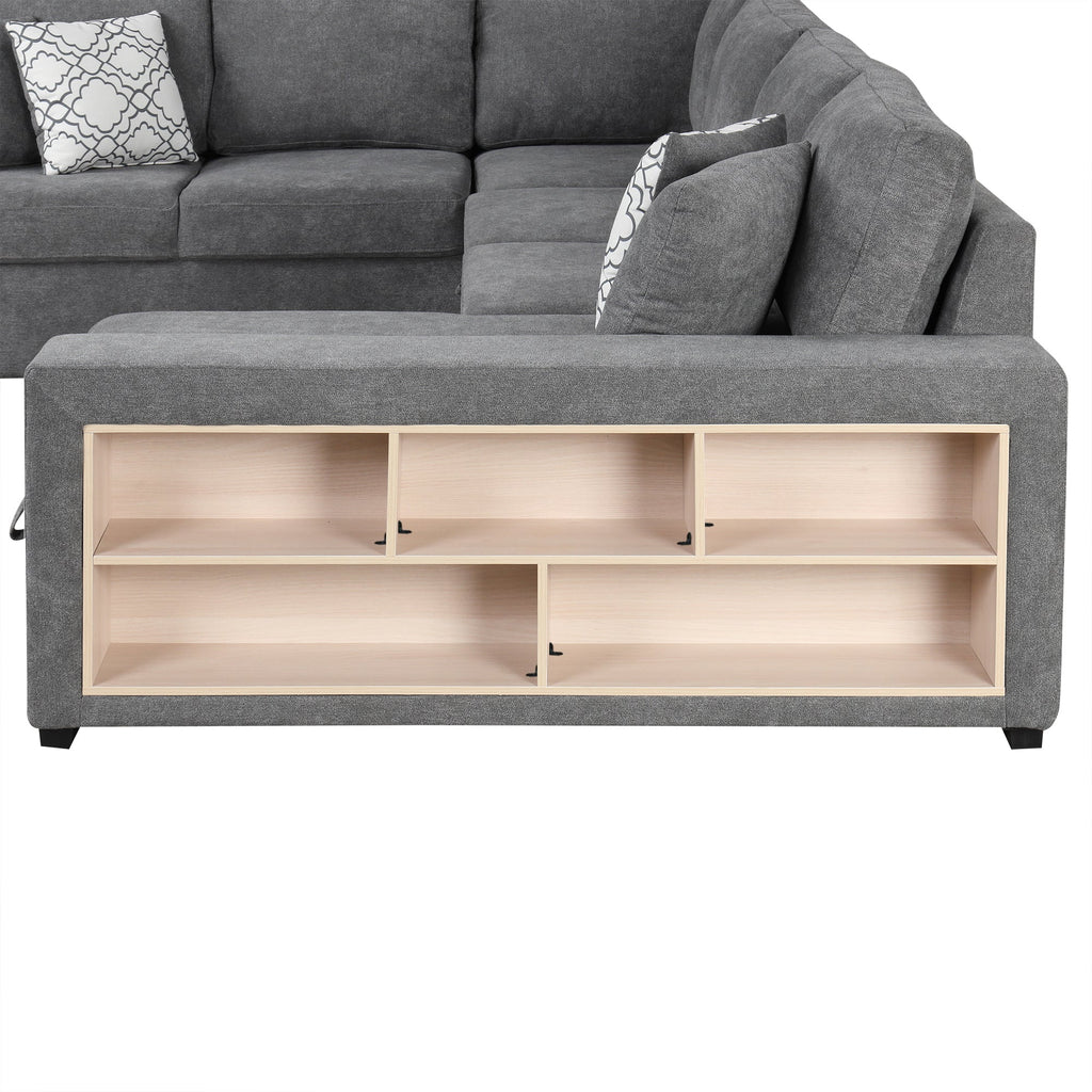 Sectional Sofa U-Shape Chenille Gray 5 Seat USB Ports Pull-Out 109 In