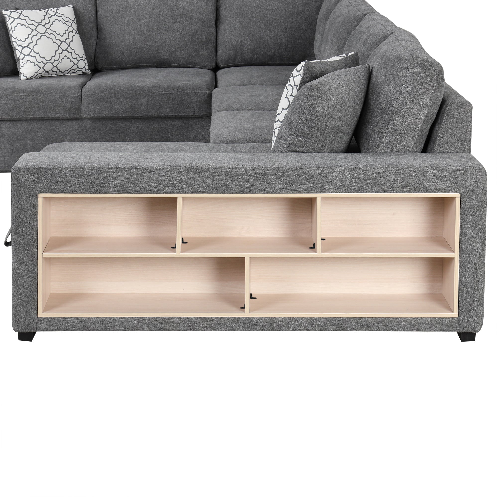 Sectional Sofa U-Shape Chenille Gray 5 Seat USB Ports Pull-Out 109 In
