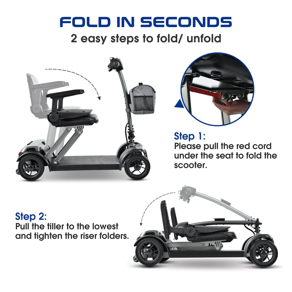 Mobility Scooter Folding Lightweight Metal Gray USB Port Travel Compact