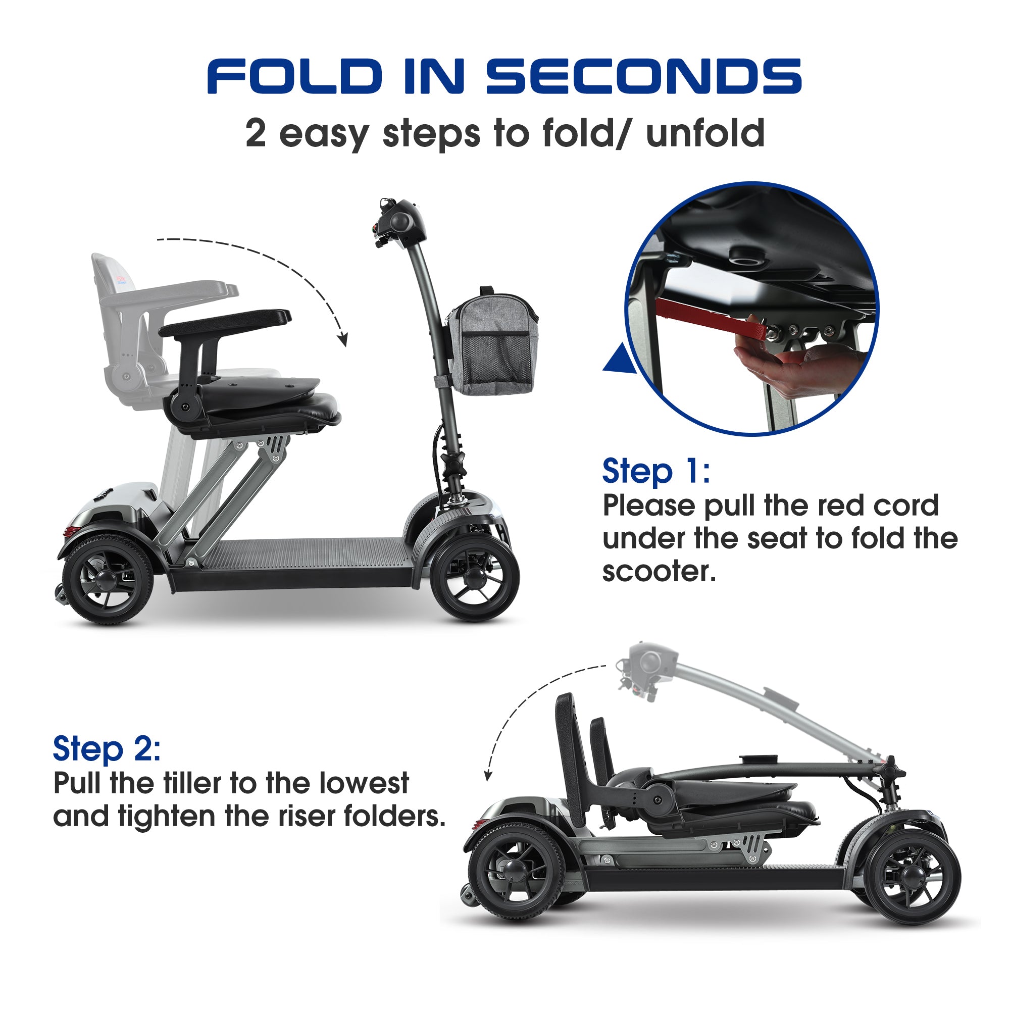 Mobility Scooter Folding Lightweight Metal Gray USB Port Travel Compact
