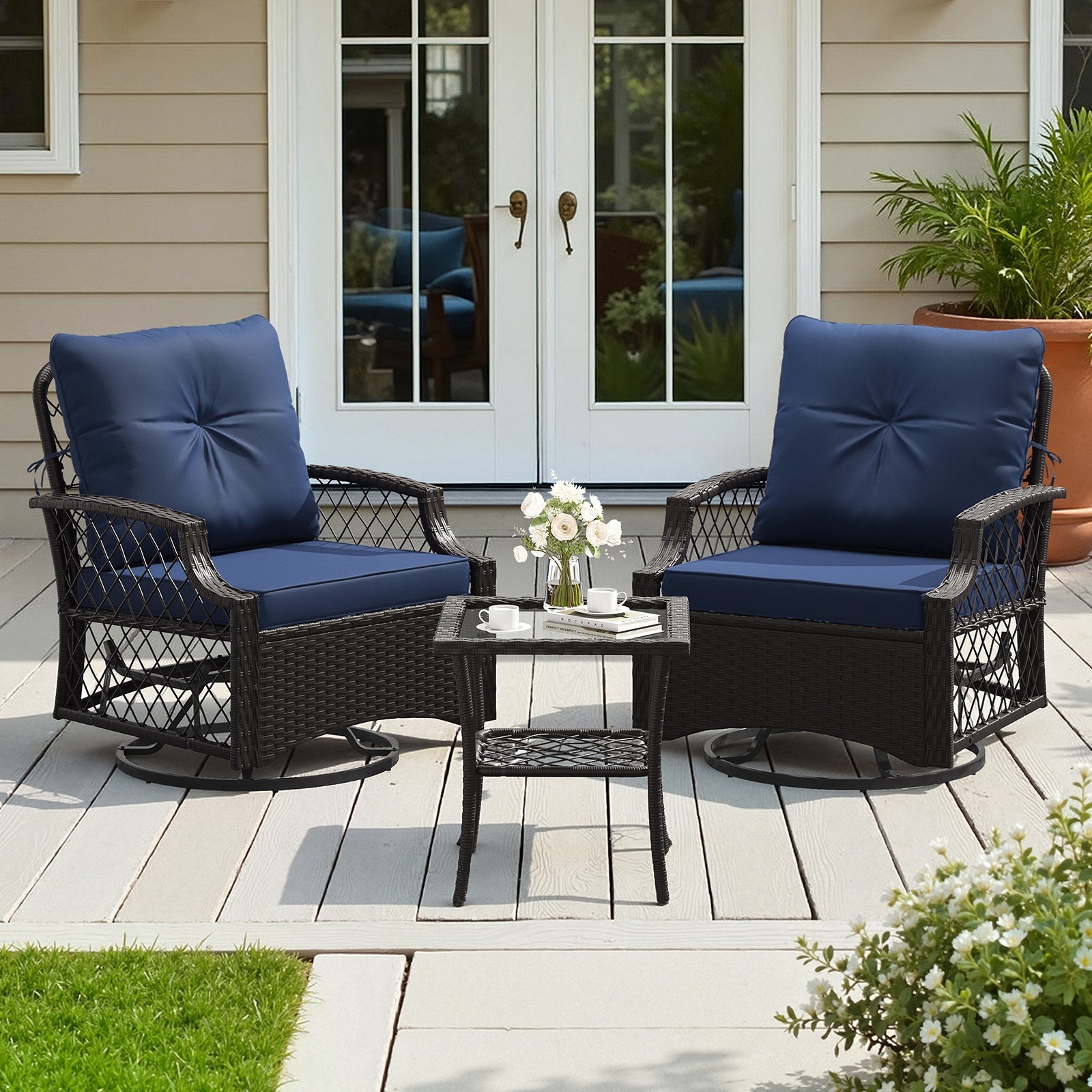 Outdoor Bistro Set Wicker Swivel Glider Navy 3-Piece