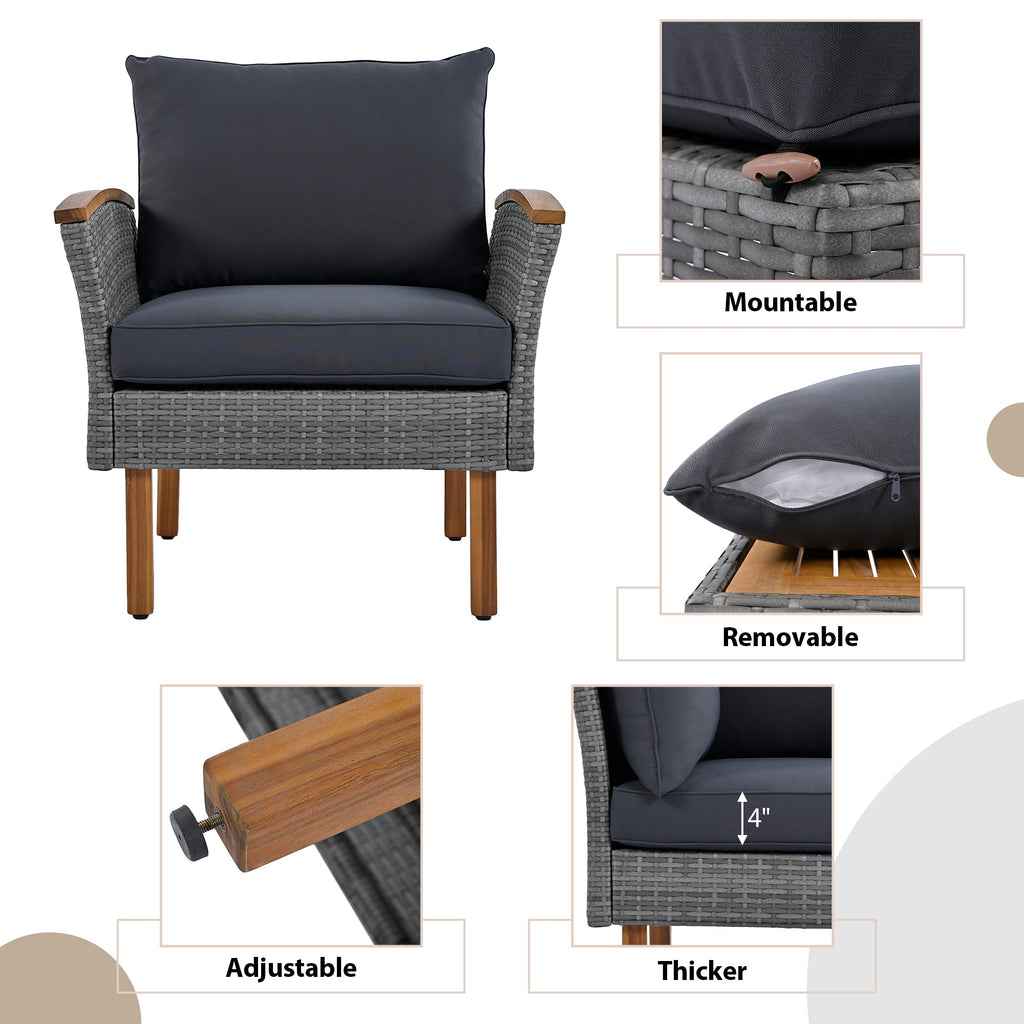 Outdoor Sectional Set PE Rattan Acacia Wood Gray 9 Piece 250 LB