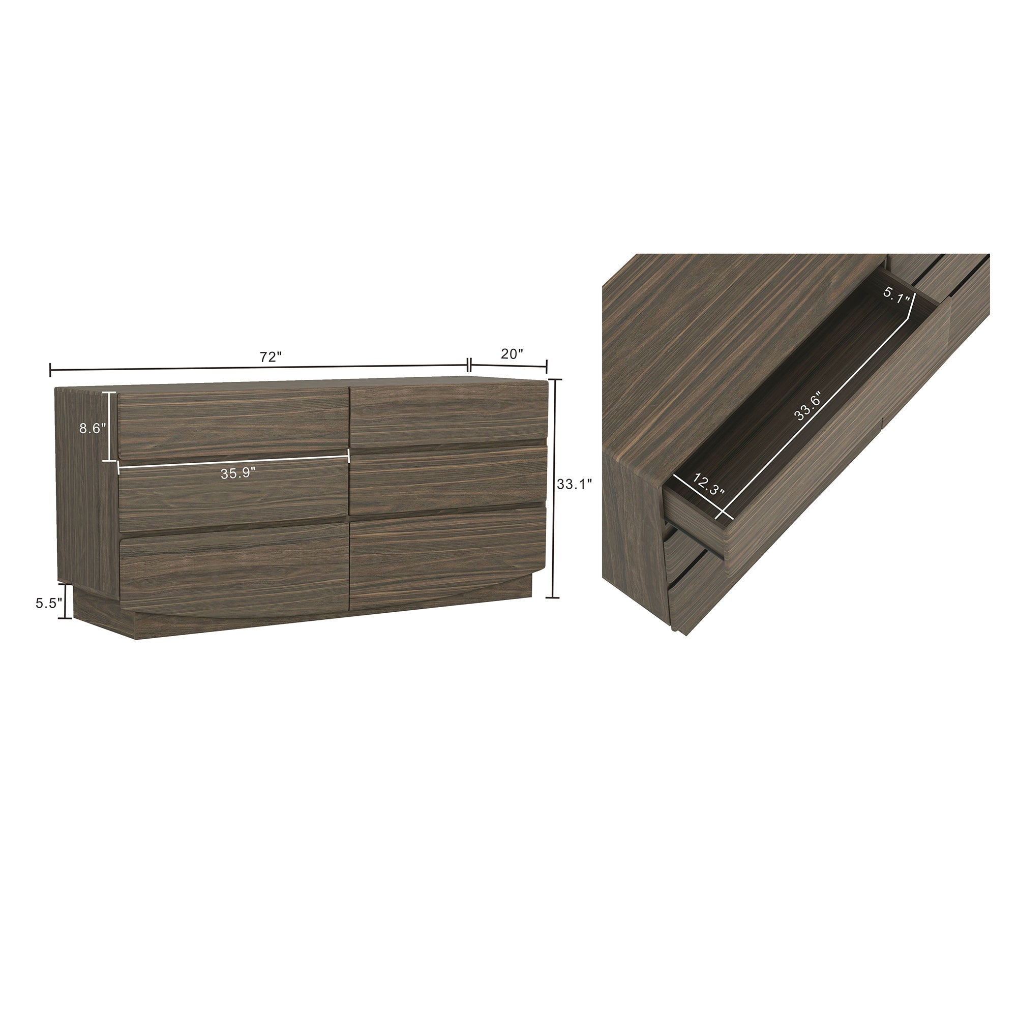 Dresser Minimalist 6-Drawer Walnut MDF Handleless Wood Grain 72x20 In