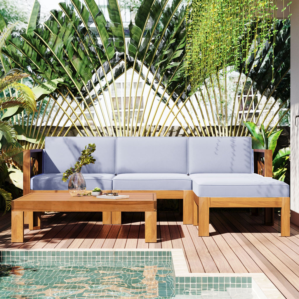 Outdoor Patio Sectional Set Acacia Wood Gray Cushions 5 Piece X-Back