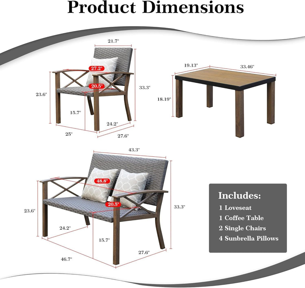 Outdoor Conversation Set Aluminum Woodgrain 4 Piece Sofa 2 Chairs Table
