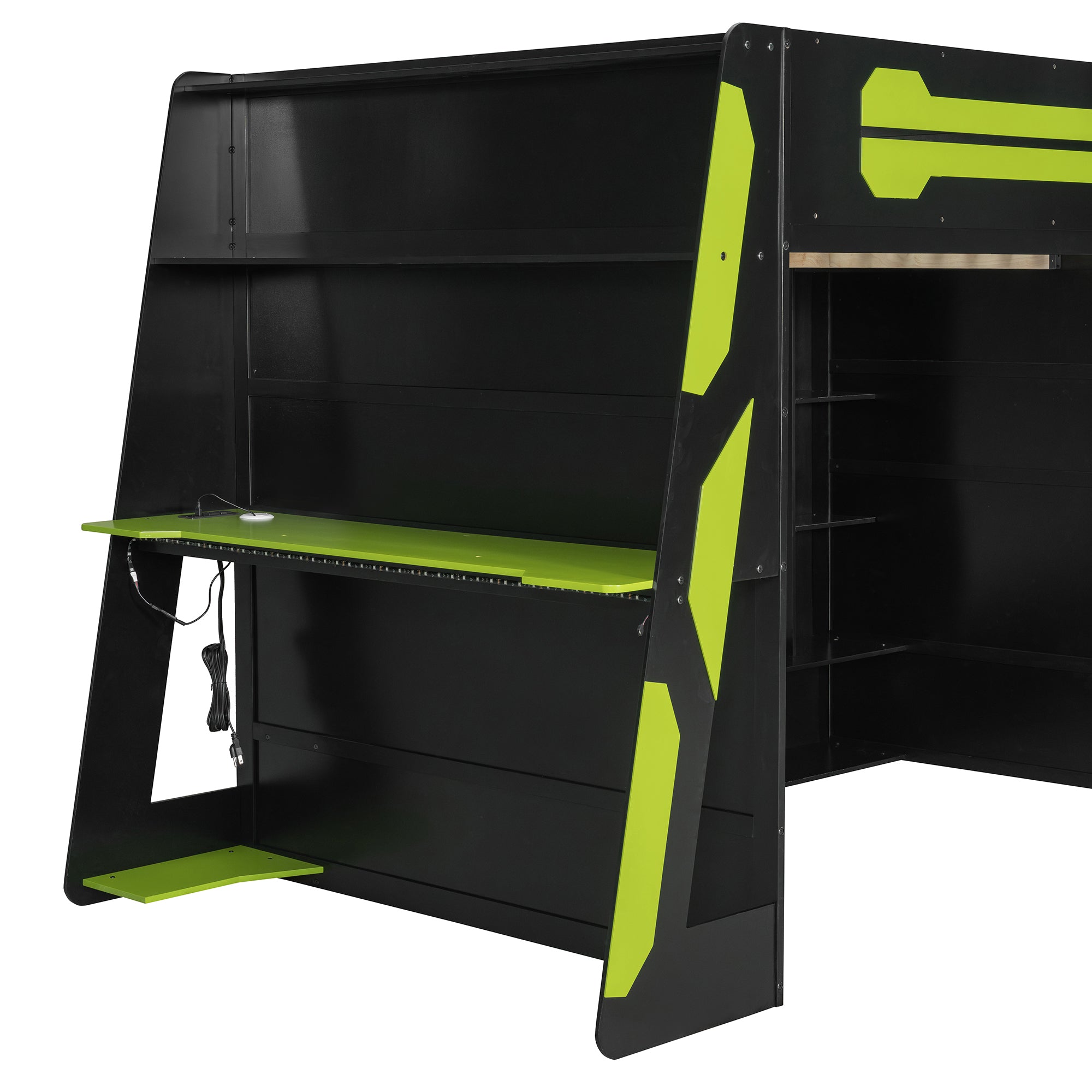 Full Size Wood Loft Bed with Desk, Multi-storage Shelves and RGB Light, Green