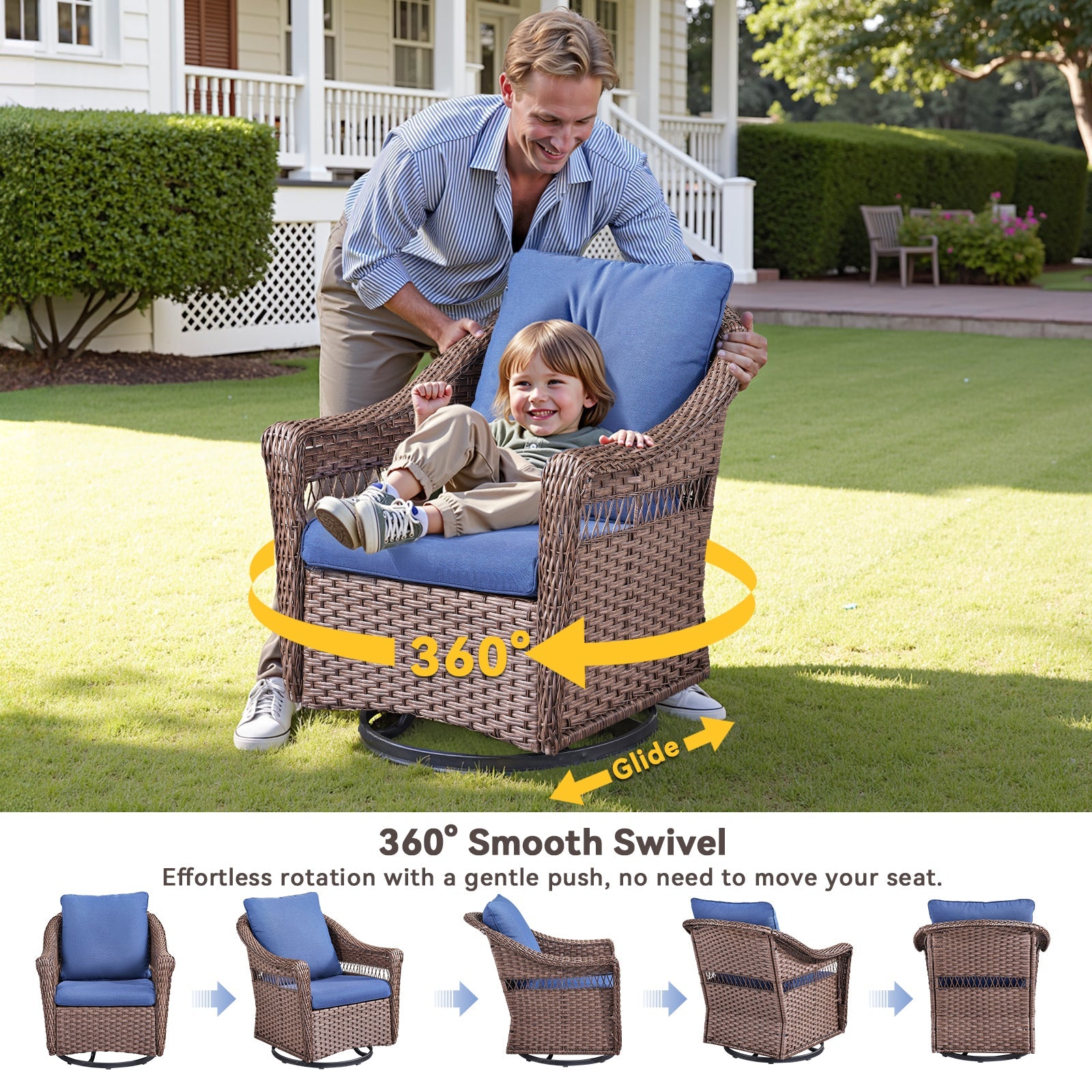 Outdoor Swivel Rocking Chair PE Rattan Brown Set of 2 with Cushions