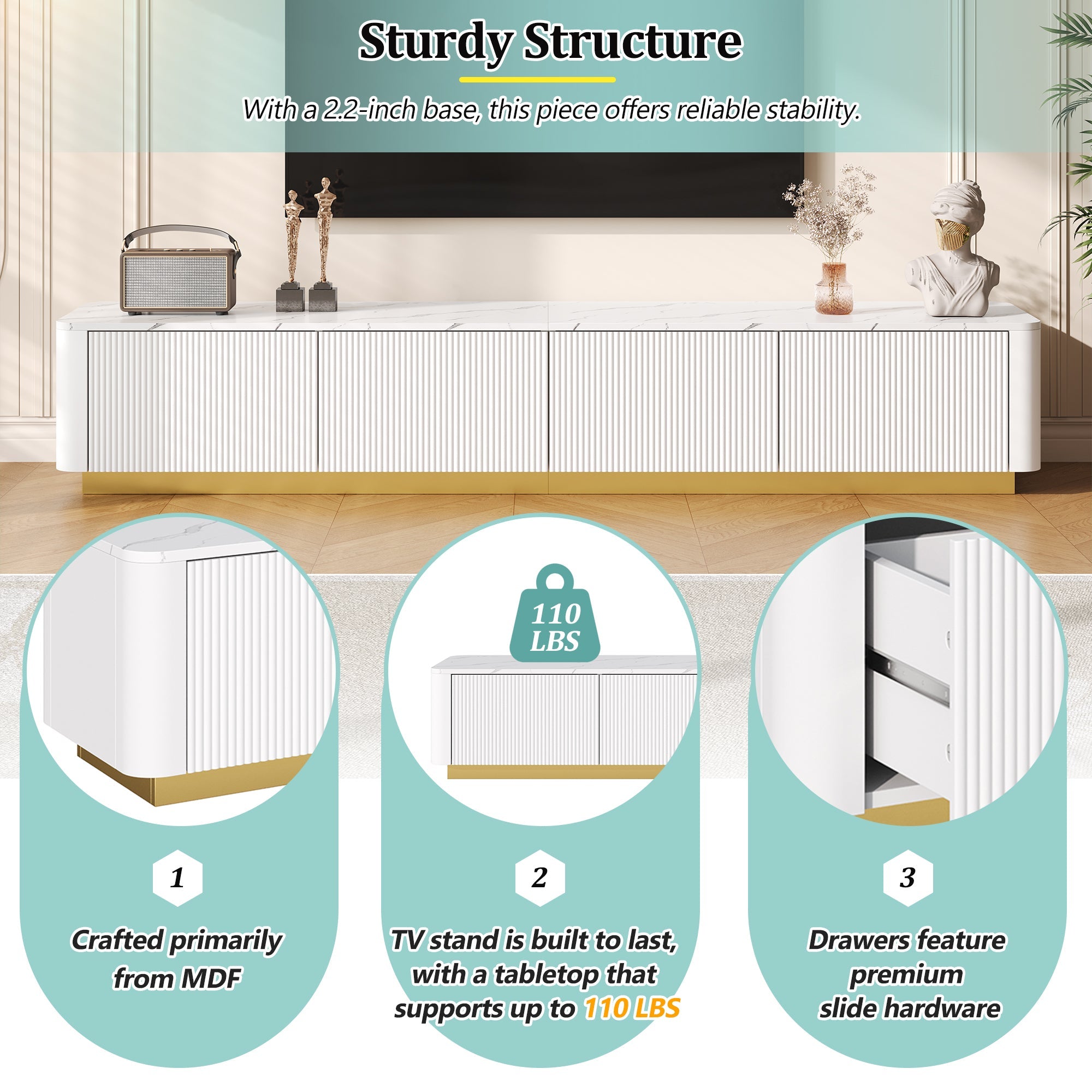 Luxury Fluted White TV Stand Faux Marble Top 4-Drawer 85