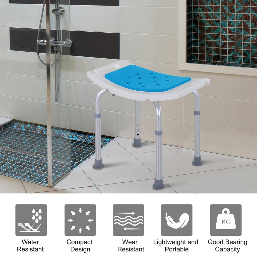 Shower Stool Curved Seat Aluminum Blue 6-Level Adjustable Non-Slip 300 LB