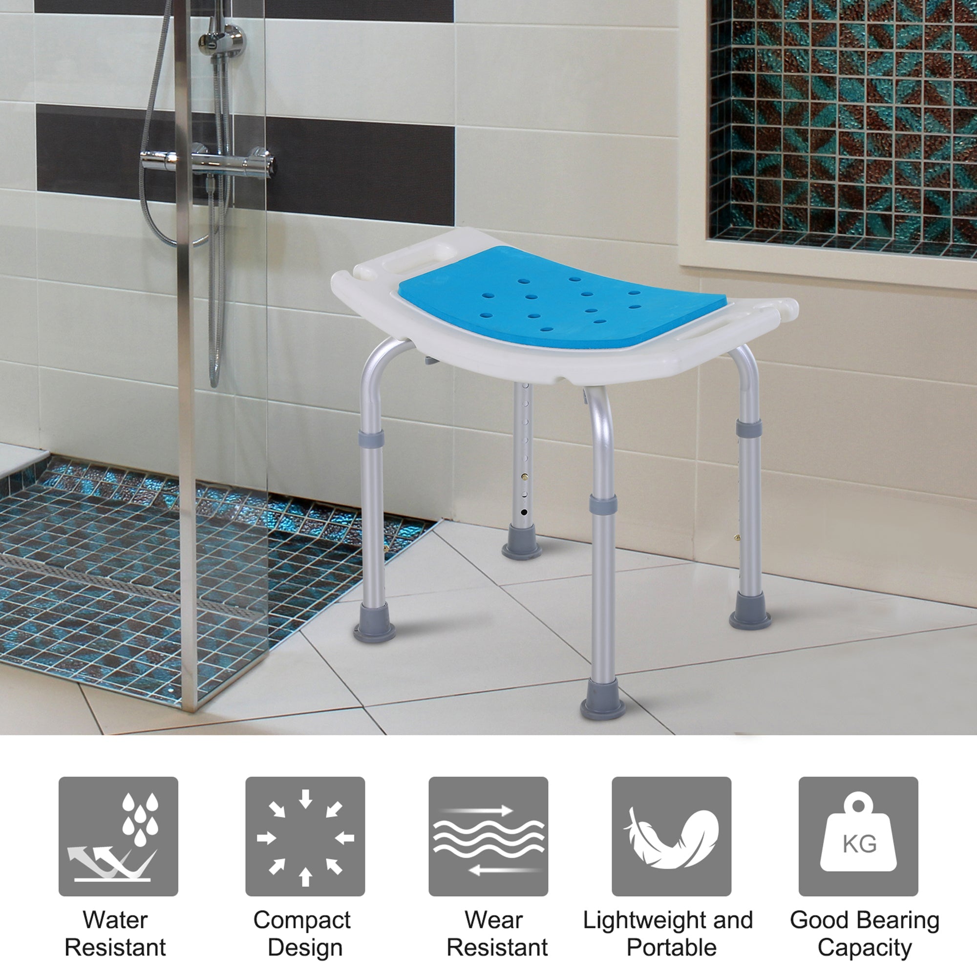 Shower Stool Curved Seat Aluminum Blue 6-Level Adjustable Non-Slip 300 LB