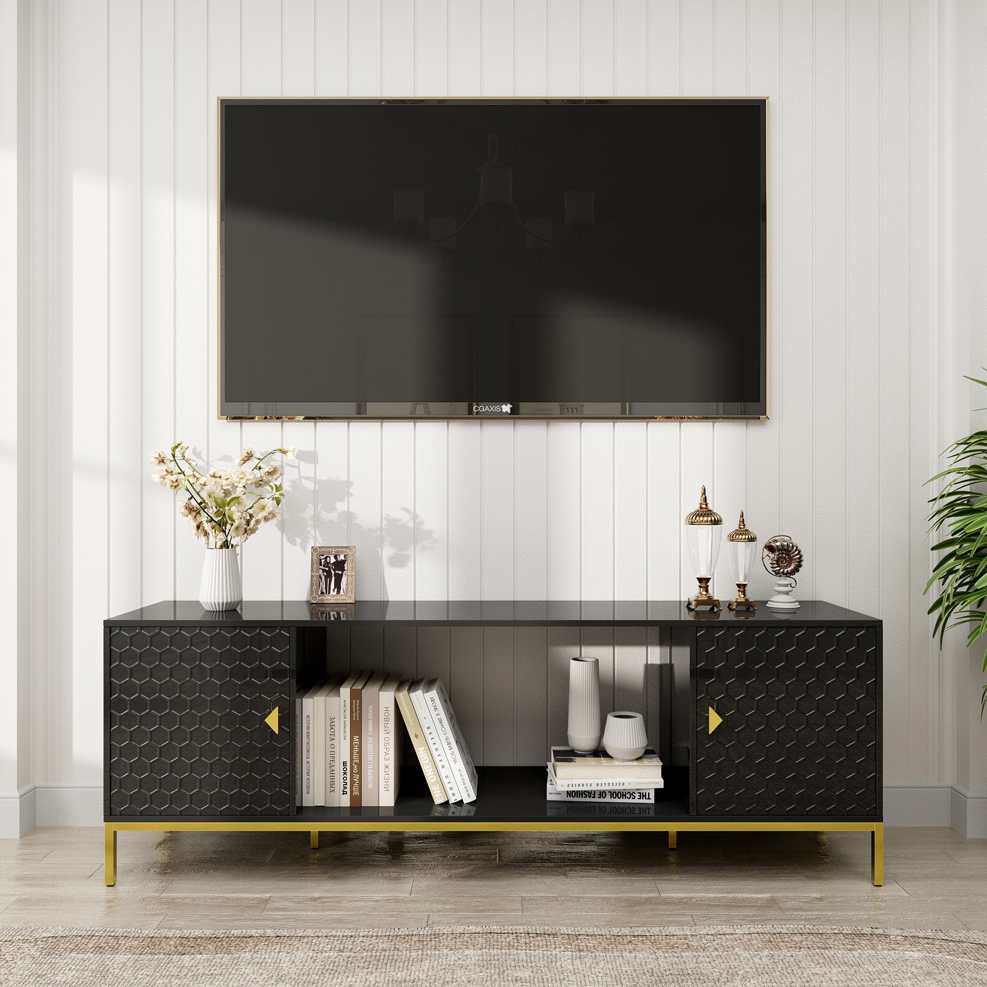 TV Stand Fireplace Space MDF Black Honeycomb Door Gold Legs 80 LB 70 In