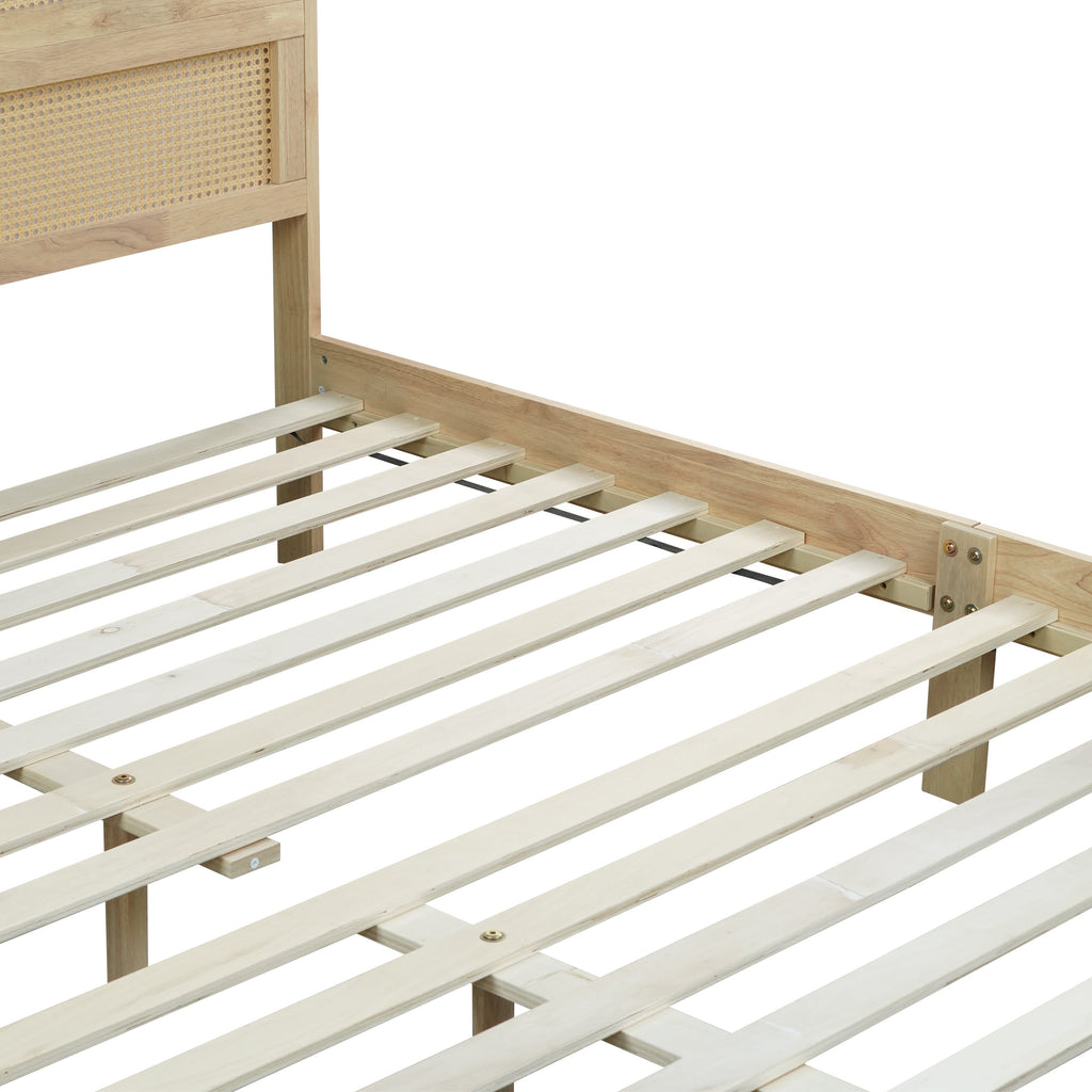 King Size Solid Wood Bed with Rattan Headboard, Rubber Wood Bed with Central