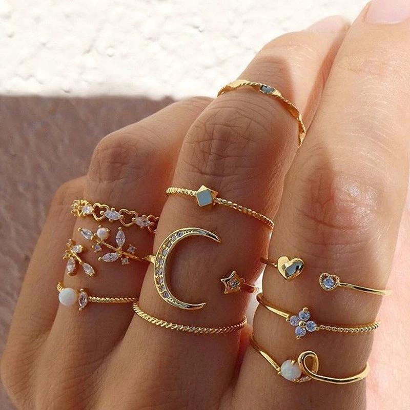 Mandotos Bohemian Star Moon Pearl Leaf 10-Piece Ring Set With Gold Finish And Stackable Designs