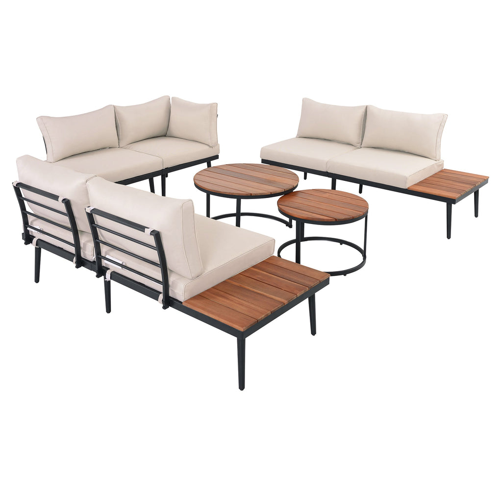 Outdoor Sectional Set Acacia Wood Steel Beige Cushion 6 Piece Seats 5