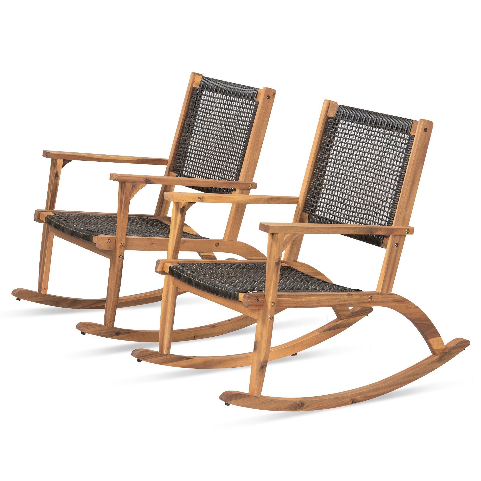 Outdoor Rocking Chair Acacia Wood Wicker Dark Brown Set 2