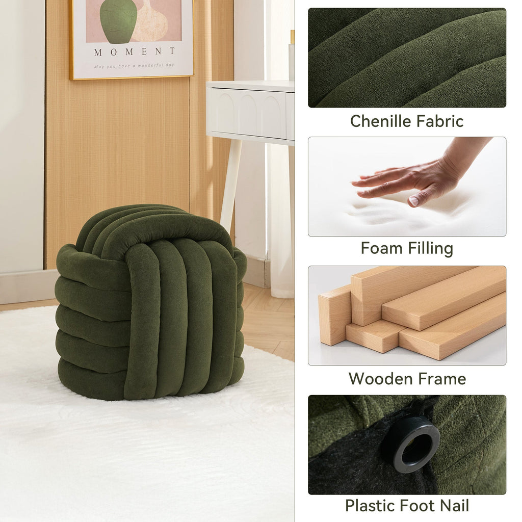 Chenille Knot Design Ottoman Makeup Stool Footstool, Green