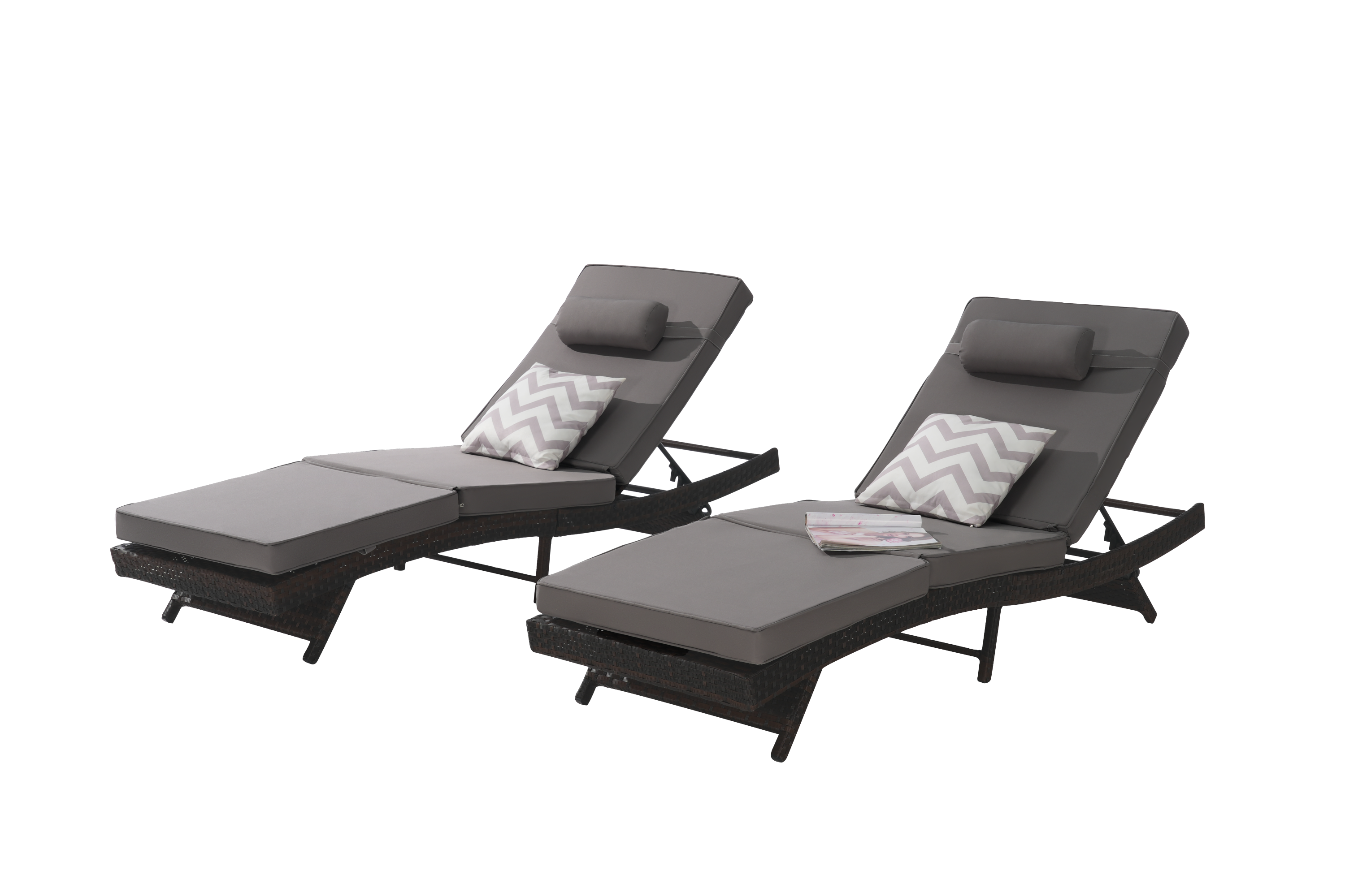 Outdoor Reclining Lounge Chair PE Rattan Dark Gray Set of 2