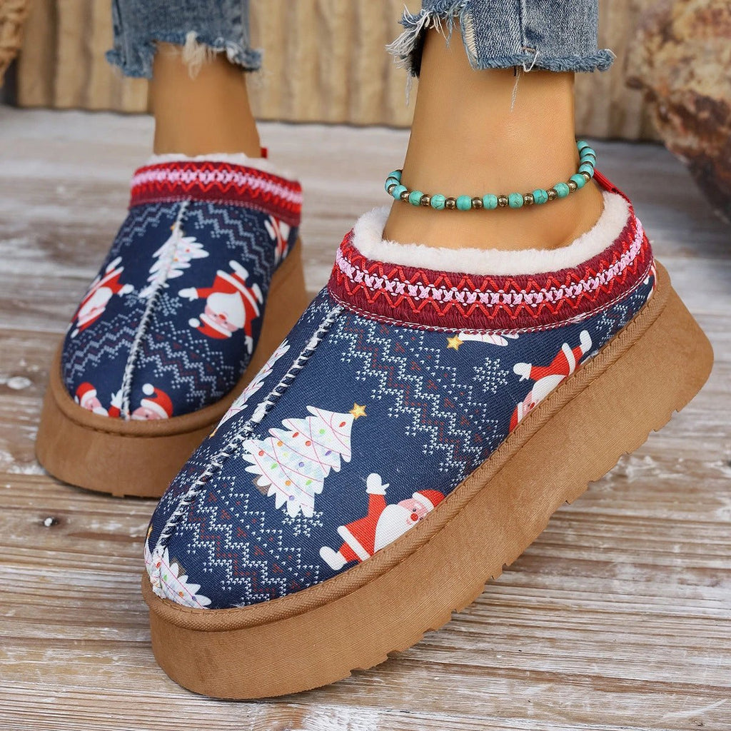 Mandotos Christmas Cartoon Print Plush Lined Slip On Navy Ankle Boots For Women Indoor Home Shoes