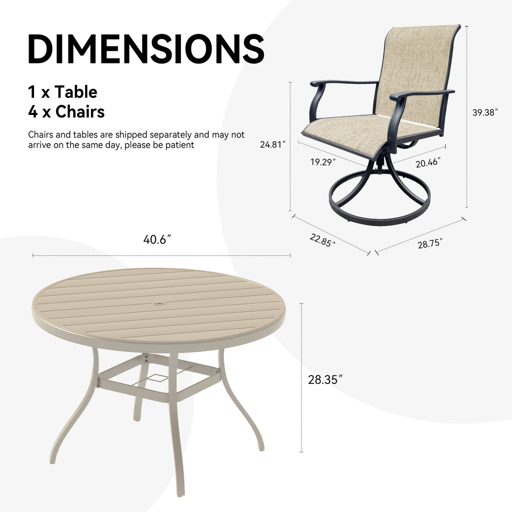 Outdoor Dining Set Round Table Umbrella Hole 4 Swivel Chairs Steel